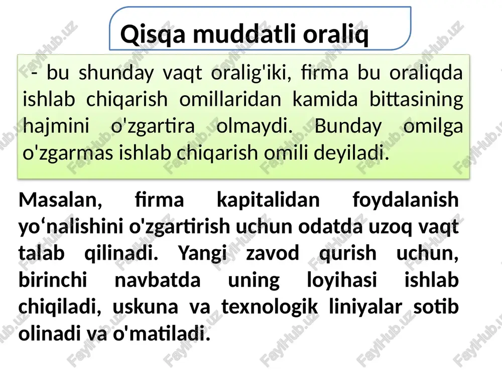 lot ishlab chiqarish uchun sarflangan o‘zgarmas va o'zgaruvchan xarajatlarning yig‘indisiga teng: q tc, vc, fc vc tc fc umumiy xarajatlar grafigi 15 o'rtacha umumiy xarajatlar (atc - average total cost) o'rtacha umumiy xarajatlarni umumiy xarajatni ishlab chiqarilgan mahsulot miqdoriga bo'lish yo'li bilan aniqlanadi: yoki 𝐴𝑇𝐶 = afc +avc 16 chekli xarajat (mc - marginal cost) - ishlab chiqarish hajmini kichik miqdorga (odatda bir birlikka) oshirish bilan bog'liq bo'lgan qo‘shimcha umumiy xarajatdir: chekli xarajat grafigi ishlab chiqarish xarajatlarini hisoblash q fc vc tc mc o’rtacha xarajatlar afc avc atc 0 50 0 50 - - 1 50 50 100 50 50 50 100 2 50 90 140 40 25 45 70 3 50 120 170 30 16,7 40 57 4 50 160 210 40 12,5 40 53 5 50 210 260 50 10 42 52 6 50 270 320 60 8,3 45 53 7 50 340 390 70 7,1 48,6 56 …