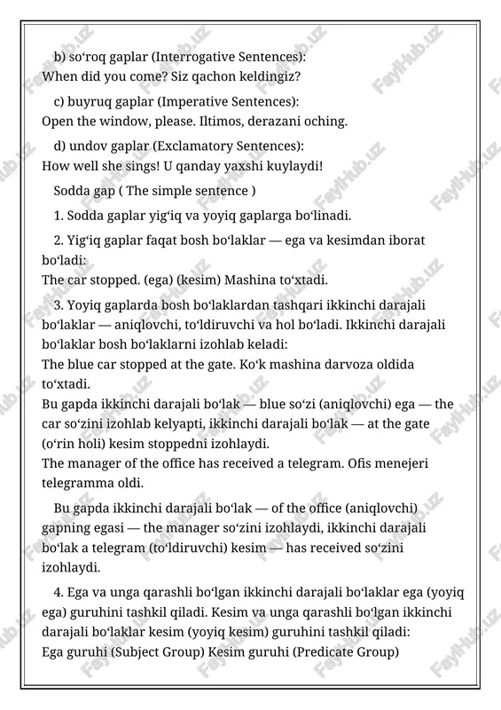 . someone wants to speak to you. siz bilan kimdir gaplashmoqchi. who tore this book? bu kitobni kim yirtdi. 3. infinitiv va infinitivli iboralar bilan: to swim is pleasant. cho‘milish yoqimli. for him to come was impossible. uning uchun kelishning imkoni yo‘q edi. 4. gerund yoki gerundli ibora bilan: smoking is not allowed here. bu yerda chekishga ruxsat etilmaydi. annette’s being french might upset him a little. annetning fransuz bo‘lishi uni ozroq xafa qilishi mumkin edi. 5. son bilan: three were absent from the lecture. leksiyada uchta (uch kishi) yo‘q edi. the first and fourth stood beside him in the water. ikkinchi va to‘rtinchi uning yonida suvda turardi. 6. ot vazifasida ishlatilgan istagan so‘z yoki so‘z birikmasi bilan: «had» is the past tense of the verb «to have». «had» «to have» fe’lining o‘tgan zamon shakli. «no» is his usual reply to any respect. istagan iltimosga uning javobi «yo‘q». it soxta …