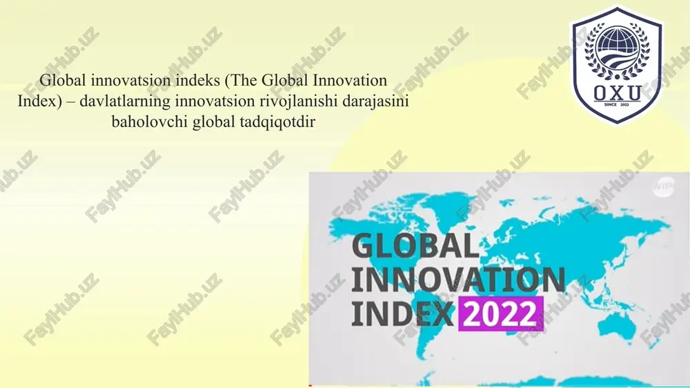 ilishni rejalashtirmoqdamiz innovatsion rivojlanish vaziri ibrohim abdurahmonovning 2022 yil 29 sentabrdagi hisobotidan 12 o‘zbekistonning mazkur xalqaro reytingga kirishi va unda yuqori o‘rinlardan birini egallashi nima uchun kerak global innovatsion indeks bu – har qanday davlatda ro‘y berayotgan islohotlarning samarasini aks ettiruvchi xolis manbadir. global innovatsion indeks har bir mamlakatning innovatsion rivojlanishdagi imkoniyatlar va amalga oshirgan ishlari o‘lchovi, mamlakatning innovatsion faoliyat borasidagi kuchli va kuchsiz tomonlarining qiyosiy bahosi hamda milliy innovatsion ko‘rsatkichlarni baholash va yaxshilashda yo‘riqnomadir. 13 shuningdek… reytingda yuqori o‘rinni egallashning muhim jihatlaridan yana biri - mamlakatning investitsiyaviy jozibadorligi yuqoriligining e’tirofidir. sir emas, investorlar rivojlanayotgan mamlakatlarga investitsiyalar kiritish haqida qaror qabul qilarkan, albatta mamlakatning u yoki bu xalqaro reytinglardagi o‘rnini e’tiborga oladi. bunda ilmiy tadqiqotlarning rivojlangani, ishlab chiqarishga jalb qilinishi mumkin bo‘lgan mahalliy ishchilarning malakasi, ilmiy hajmdor mahsulotlarni ishlab chiqarish imkoniyatlari hamda mavjud innovatsion infratuzilma muhim ahamiyat kasb etadi. 14 o‘zbekiston keyingi yillarda global innovatsion indeksda o‘z mavqeini saqlab, reytingda …