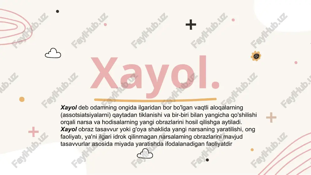 els/slidelayout23.xml.rels ppt/slidelayouts/_rels/slidelayout24.xml.rels ppt/slidelayouts/_rels/slidelayout25.xml.rels ppt/slidelayouts/_rels/slidelayout26.xml.rels ppt/slidelayouts/_rels/slidelayout27.xml.rels ppt/slidelayouts/_rels/slidelayout28.xml.rels ppt/slidelayouts/_rels/slidelayout29.xml.rels ppt/slidelayouts/_rels/slidelayout3.xml.rels ppt/slidelayouts/_rels/slidelayout30.xml.rels ppt/slidelayouts/_rels/slidelayout4.xml.rels ppt/slidelayouts/_rels/slidelayout5.xml.rels ppt/slidelayouts/_rels/slidelayout6.xml.rels ppt/slidelayouts/_rels/slidelayout7.xml.rels ppt/slidelayouts/_rels/slidelayout8.xml.rels ppt/slidelayouts/_rels/slidelayout9.xml.rels ppt/slidemasters/_rels/slidemaster1.xml.rels ppt/slides/_rels/slide1.xml.rels ppt/slides/_rels/slide10.xml.rels ppt/slides/_rels/slide11.xml.rels ppt/slides/_rels/slide12.xml.rels ppt/slides/_rels/slide13.xml.rels ppt/slides/_rels/slide14.xml.rels ppt/slides/_rels/slide15.xml.rels ppt/slides/_rels/slide16.xml.rels ppt/slides/_rels/slide17.xml.rels ppt/slides/_rels/slide18.xml.rels ppt/slides/_rels/slide2.xml.rels ppt/slides/_rels/slide3.xml.rels ppt/slides/_rels/slide4.xml.rels ppt/slides/_rels/slide5.xml.rels ppt/slides/_rels/slide6.xml.rels ppt/slides/_rels/slide7.xml.rels ppt/slides/_rels/slide8.xml.rels ppt/slides/_rels/slide9.xml.rels [content_types].xml xx% xx% xx% xx% xx% xx% xx% xx% xx% xx% credits: this presentation template was created by slidesgo , including icons by flaticon and infographics & images by freepik mavzu: xayol mohinur jabborova dilshoda nizomova dildora saidahmadova 03 01 02 04 reja: xayol fantaziya, tasavvur,xayolning ahamiyati. xayol jarayonlari. analitik, sintetik,giperbolizatsiya, qiyoslash... xayol xususiyatlari va turlari. passiv va aktiv xayol, ijodiy, orzu, tush ko’rish... xayoling kuchi va realligi kuchli va kuchsiz xayol, ixtiyoriy va ixtiyorsiz xayol. xayol. xayol deb odamning ongida ilgaridan bor bo'lgan vaqtli aloqalarning (assotsiatsiyalarni) qaytadan tiklanishi va bir-biri b