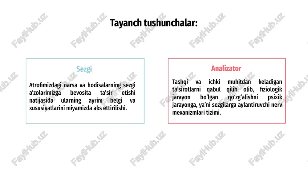 nallarining qayta ishlanishi sodir bo‘ladigan qobiq osti va qobiq bo‘limlari. afferent va efferent nervlar analizatorning periferik bo‘limining markaziy analizator bilan bog‘laydigan yo‘llarni ochadigan afferent (markazga intiluvchi) va efferent (markazdan qochuvchi) nervlar 1 2 3 rayhon raimqulova () - 3 eshitish baland musiqa sekin gapirmoq hid yoqimli ifor badboy hid ta’mi shirin olma achchiq qalampir teri sezgisi devor yuzasi gʻadir-gʻudur hajm katta uy kichik hovli jahon psixologiyasi fanining so‘nggi yutuqlari hamda atamalariga binoan sezgilar quyidagicha klassifikatsiya qilinadi. ushbu tasniflanishning dastlabki ko‘rinishi ingliz olimi ch.sherringtonga taalluqlidir. u retseptorning qaerda joylashganligiga qarab, sezgilarni uch turga bo‘ladi. 1. tashqi muhitdagi narsa va hodisalarning xususiyatlarini aks ettirishgamoslashgan hamda retseptorlari tananing sirtqi qismida joylashgan sezgilar, ya’ni ekstroretseptiv sezgilar; 2. ichki tana a’zolari holatlarini aks ettiruvchi hamda retseptorlari ichki tana a’zolarida, to‘qimalarda joylashgan sezgilar, ya’ni interoretseptiv sezgilar. 3. tanamiz va gavdamizning holati hamda harakatlari haqida ma’lumot (axborot, xabar) beruvchi muskullarda, bog‘lovchi paylarda, mushaklarda joylashgan sezgilar, ya’ni proprioretseptiv …