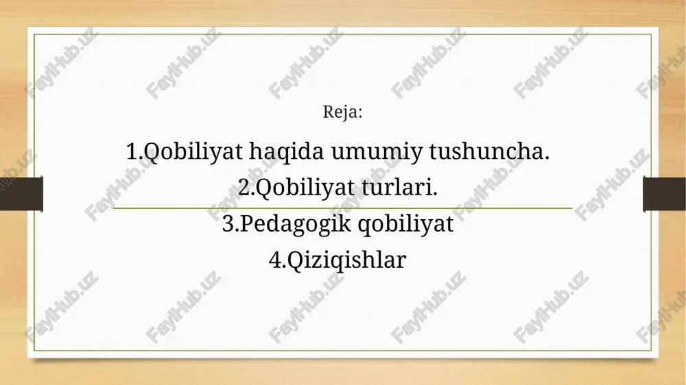 adi. musiqiy qobiliyatlar b.m.teplov tomnidan o`rganilgan, b.m.teplovning fikricha, musiqiylikning asosiy namoyon qilib turadigan narsa musiqani xis qilish, shuningdek, musiqani emotsional xis qila olishlik musiqaviy qobiliyatning asosiy mazmunidir. matematik qobiliyatlar ustida v.a.krutestkiy ishlagan. jumladan u “matematik qobiliyatlar psixologiyasi” monografiyasida matematik qobiliyatlar va ularning tizimini yoritib bergan. u idrok, tafakkur, xotira-hayolning individual xususiyatlarini aniqlab, ularni matematik faoliyatida namoyon bo`lishini (matematik o`zlashtirishda) tadqiq qilgan. matematik materialni o`zlashtirishda idrokning ahamiyatini aniqlagan v.a.krutestkiy qobiliyatli o`quvchilarda o`ziga xos materialni “ichki” analitik-sintetik tahlil qilish, qayta ishlash xususiyati, “joyida” masalani tizimini idrok etib, uni asosiy munosabatlarini ochadilar, deb hisoblaydi. matematikaga alohida iste`dodi bo`lgan o`quvchilar o`ziga xos “matematik aql” bilan xarakterlanadilar-ular borliqning mantiqiy va matematik mazmunini topa oladilar, ulardagi mantiqiy va matematik kategoriyani aniqlaydilar, ko`pincha xodisalarni matematik munosabatlar nuqtai-nazariyasi orqali qabul qiladilar. tashkilotchilik qobiliyatlarni uzoq vaqt l.i.umanskiy o`rgangan. muallif tashkilotchilik qobiliyatlarining tizimini yaratadi. uning fikricha tashkilotchilik qobiliyatiga ega bo`lgan kishilar quyidagi xususiyatlarga ega bo`lishi kerak: a) shaxsning yo`nalganligi: b) …