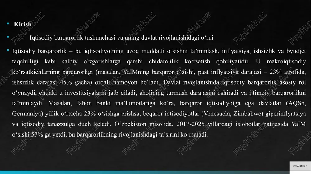 r nuqsonlaridir. davlat monopoliyaga qarshi qonunlar orqali aralashadi.davlat siyosati makroiqtisodiy barqarorlikni ta’minlaydi. fiskal siyosat (soliq va xarajatlar) va monetar siyosat (foiz stavkalari) orqali. keyns nazariyasiga ko’ra, resessiya vaqtida davlat xarajatlari oshiriladi. stranitsa 7 makroiqtisodiy ko’rsatkichlar orqali barqarorlikni baholash makroiqtisodiy ko’rsatkichlar barqarorlikni baholashda asosiy vosita. asosiylari: yim o’sishi, inflyatsiya, ishsizlik, budjet defitsiti, tashqi savdo balansi.yim o’sishi barqaror bo’lsa (35%), iqtisodiyot rivojlanmoqda. keskin o’zgarishlar xavfli.inflyatsiya 23% optimal. yuqori inflyatsiya (zimbabve 2008 – million foiz) iqtisodiyotni vayron qiladi.ishsizlik natural darajada (46%) bo’lsa, barqaror. yuqori ishsizlik ijtimoiy muammolarga olib keladi.budjet defitsiti yimning 3% dan oshmasa, barqaror. yuqori defitsit qarz inqiroziga (gretsiya).tashqi balans muvozanatli bo’lsa, valyuta barqaror.amaliy baholashda, indekslar (masalan, misery index = inflyatsiya + ishsizlik) ishlatiladi.o’zbekistonda yim o’sishi 57%, inflyatsiya 10% atrofida – barqarorlik yo’lida. stranitsa 8 iqtisodiyot barqarorligini ta’minlovchi asosiy institutlar davlat moliya tizimi va markaziy bank iqtisodiy barqarorlikning asosiy institutlari.davlat moliyasi budjet orqali resurslarni taqsimlaydi. progressiv soliqlar tenglikni ta’minlaydi.markaziy bank monetar siyosatni …