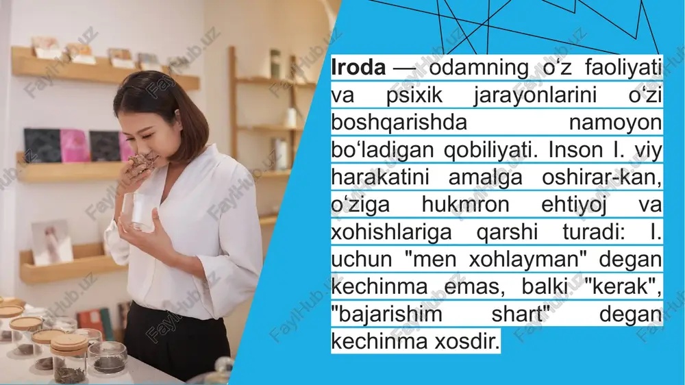 shda ikkinchi signallar tizimining roli juda kattadir. ana shu sababdan bo‘lsa kerak akademik i.p.pavlov ikkinchi signallar tizimiga baho berib, bu signallar tizimi insonlar hulq-atvori va ixtiyoriy harakatlarining yuksak boshqaruvchisidir-” degan edi. ikkinchi signallar tizimi birinchi signallar tizimiga asoslanishi bilan birga uning faoliyatini boshqarib, nazorat qilib turadi. demak, irodaviy, ixtiyoriy harakatlarda ikkinchi signallar tizimi bilan birga birinchi signallar tizimi ham ishtirok etadi. irodaning funktsiyalari 11 rag'batlantiruvchi, undovchi - paydo bo'lgan to'siqlarni bartaraf etish uchun u yoki bu harakatning boshlanishini ta'minlash; to’xtatuvchi(tormozlovchi) - faoliyatning asosiy maqsadlariga mos kelmaydigan boshqa, ko'pincha kuchli istaklarni cheklashdan iborat (keraksiz harakatlarni cheklaydi); barqarorlashtiruvchi - tashqi va ichki ta’sirlar sharoitida faoliyatni kerakli darajada ushlab turish uchun irodaviy harakatlar bilan bog'liq funksiya. irodaviy harakat bosqichlarining xususiyatlari 12 birinchi bosqich ixtiyoriy harakatning boshlanishini tavsiflaydi. iroda harakati impulsning paydo bo'lishi bilan boshlanadi, u biror narsa qilish istagida ifodalanadi. maqsad amalga oshirilganda, bu istak istakka aylanadi, unga uni amalga oshirish uchun o'rnatish …
