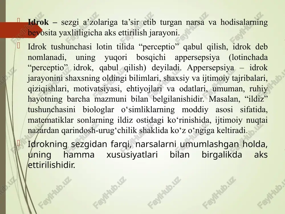 a idrok qilaveramiz. qizil chiroq ostida kitob sahifasi qizil bo‘lib ko‘rinsa ham uni oq deb, samolyotdan qaraganda yerdagi odamlar va narsalar kichkina bo‘lib ko‘rinsa ham ularni odatdagiday kattalikda deb idrok qilaveramiz. kitob qanday ko‘rinsa ham uni to‘rtburchak deb, stakandagi qoshiq siniq ko‘rinsa ham uni butun deb idrok qilamiz. harakatni idrok qilinishi - ob’ektlarning fazoda egallagan holati o‘zgarishini aks ettirishdir. vaqtni idrok qilish. vaqtni idrok qilinishi voqelik hodisalarning ob’ektiv ravishda doimiyligini, tezligi va izchilligini aks ettirish demakdir. idrok fenomenlari idrok jarayonida uning fenomenlari (yunoncha, phainomenon noyob, g‘ayriodatiy holat degan ma’noni anglatadi) muayyan hodisalarni aks ettirishda ishtirok etadi, in’ikosning turlicha aniqlikda namoyon bo‘lishi mumkinligi to‘g‘risida ma’lumot beradi.ular jahon psixologiyasi fanida gallyusinatsiya (lotincha, “hallucinftio” – alahlash, bosinqirash, yo‘q narsaning ko‘rinishi, eshitilishi, sezilishi), illyuziya (lotincha “illusio” xato, adashish ma’nosini beradi), attraksiya (fransuzcha, “attraction” o‘ziga tortish, mahliyo etish, jalb qilish ma’nosini bildiradi), yaqqol ko‘rinish (ruscha “yasnovidenie” yaqqol oldindan ko‘rish, yaqqol g‘oyibdan xabar olish) tushunchalari orqali …