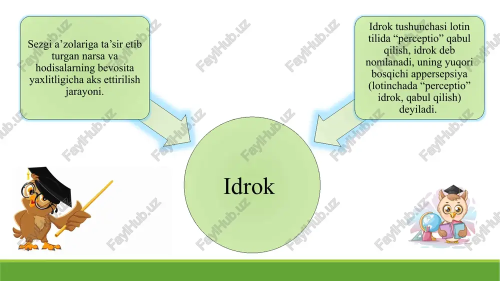 isbatan bir xilda aks etishidir. masalan, yoritish darajasi o‘zgarishiga qaramay, biz qorni oq, ko‘mirni qora narsa sifatida idrok qilaveramiz. qizil chiroq ostida kitob sahifasi qizil bo‘lib ko‘rinsa ham uni oq deb, samolyotdan qaraganda yerdagi odamlar va narsalar kichkina bo‘lib ko‘rinsa ham ularni odatdagiday kattalikda deb idrok qilaveramiz. kitob qanday ko‘rinsa ham uni to‘rtburchak deb, stakandagi qoshiq siniq ko‘rinsa ham uni butun deb idrok qilamiz. harakatni idrok qilinishi - ob’ektlarning fazoda egallagan holati o‘zgarishini aks ettirishdir. idrok fenomenlari idrok jarayonida uning fenomenlari (yunoncha, phainomenon noyob, g‘ayriodatiy holat degan ma’noni anglatadi) muayyan hodisalarni aks ettirishda ishtirok etadi, in’ikosning turlicha aniqlikda namoyon bo‘lishi mumkinligi to‘g‘risida ma’lumot beradi.ular jahon psixologiyasi fanida gallyusinatsiya (lotincha, “hallucinftio” – alahlash, bosinqirash, yo‘q narsaning ko‘rinishi, eshitilishi, sezilishi), illyuziya (lotincha “illusio” xato, adashish ma’nosini beradi), attraksiya (fransuzcha, “attraction” o‘ziga tortish, mahliyo etish, jalb qilish ma’nosini bildiradi), yaqqol ko‘rinish (ruscha “yasnovidenie” yaqqol oldindan ko‘rish, yaqqol g‘oyibdan xabar olish) tushunchalari orqali nomlanadi. …