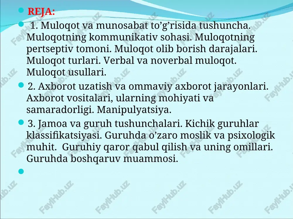 ishuvchilarning o`zaro birgalikdagi xarakati – nutk jarayonida faqat so`zlar bilan emas, balki xarakatlar, xatti – xarakatlar bilan ham bir – birini tushunishdan iborat. muloqotning uchinchi jixati muloqotga kirishuvchilarning bir – birlarini idrok etishlarida namoyon bo`ladi. shunday qilib, yagona muloqot jarayonida shartli ravishda uchta tomonni – kommunikativ /axborot uzatish/, o`zaro birgalikdagi xarakat qilishni va o`zaro bir – birini idrok qilishni kuramiz. muloqot murakkab jarayondir. uning tuzilishi quyidagicha: muloqotning kommunikativ tomoni ― mulokotlarga kirishuvchilar urtasidagi ma’lumot almashinuvi jarayoni. muloqotning interaktiv tomoni ― mulokotga kirishuvchilarning xulk-atvoriga ta’siri. muloqotning pertseptiv tomoni ― mulokotga kirishuvchilarning bir-birlarini idrok etishlari va tushunishlari bilan bog`liq bulgan murakkab psixologik jarayon. munosabatning o`zaro birgalikda harakat qilish va faoliyat ko`rsatish jarayonida odamlarni birlashtiradigan umumiy narsa ishlab chiqarish tarzida tushunilishi ana shu umumiy narsa avvalo munosabat vositasi sifatadagi tildan iborat ekanligini bildiradi. til munosabatga kirishuvchilar o`rtasida aloqa bog`lanishini ta'minlaydi. negaki, uni bu maqsad uchun tanlangan so`zlar mohiyatiga ko`ra kodlashtirgan holda axborotni ma'lum …