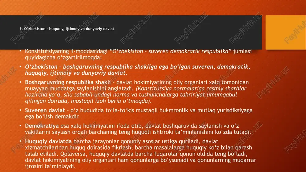 imtiyoz va preferensiyalar nafaqat qonunlar asosida, balki ko‘p holatlarda qonunosti hujjatlar – qaror va farmonlar asosida berib kelinyapti. 4. barcha noaniqliklar – inson foydasiga konstitutsiyaning yangi tahririga asosan: inson bilan davlat organlarining o‘zaro munosabatlarida yuzaga keladigan qonunchilikdagi barcha ziddiyatlar va noaniqliklar inson foydasiga talqin etiladi. ijtimoiy munosabatlar cheksiz shakllarga ega, ularni normativ-huquqiy hujjatlarda to‘liq kodifikatsiya qilib chiqish amalda imkonsiz. endilikda, qonunchilikda aniq belgilab qo‘yilmagan masalalarda ziddiyat yuzaga kelsa, masala davlat emas, inson foydasiga hal etiladi. bundan tashqari, turli hujjatlarni yuritishda davlat organlari tomonidan xato-kamchilik o‘tgan taqdirda, masalan pensiya tayinlashda tegishli hujjatlar bazadan topilmay, noaniqlik yuzaga kelganida ham vaziyat fuqaro foydasiga hal etilishi kerak. 5. inson huquqlari ijtimoiy axloq va jamoat tartibini saqlash maqsadida cheklanishi mumkin huquq va erkinliklarning cheklanishi masalasi avvalgi konstitutsiyada quyidagi ikkita norma bilan tartibga solingan edi: insonning konstitutsiya va qonunlarda mustahkamlab qo‘yilgan huquq va erkinliklari daxlsizdir hamda ulardan sud qarorisiz mahrum etishga yoki ularni cheklab qo‘yishga hech …