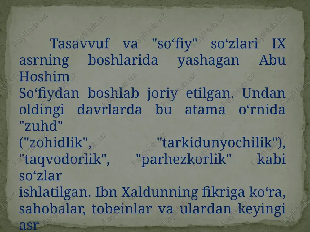 hahar atroflarida rivojlangan va xalq orasida keng tarqalgan. bu oqimga xoja yusuf hamadoniyning mashhur shogirdi xoja ‘abd al-xoliq al-¢ijduvoniy (vaf. 1179 y.) murshidlik qilgan. keyinchalik bu oqimga xoja muhammad bahouddin naqshband (1318-1389) murshidlik qilgan va bu davrda naqshbandiyya tariqati butun islom olamiga tarqalgan. ikkinchisi, shayx ahmad yassaviy (1105- 1166) va uning shogirdlari nomi bilan bog’liqdir. ahmad yassaviy sufiylik tariqatining targ’ibotchisi bo’lish bilan birga shoir ham edi. u qadimiy o’zbek (turkiy) tilida ijod qilgan. yassaviy asarlari majmuasi 1878 yili nashr etilgan «devoni hikmat» nomi bilan ma`lum. bu asar islom mafkurasining sodda ifodasi bo’lib, sufiylik asoslarini targ’ib qiladi. naqshbandiylik – tasavvuf tariqatlaridan biri bahouddin naqshband (1318-1389) buxoro viloyati kogon tumanida tug’ilgan, naqshbandiya tariqati asoschisi. abdul xoliq g’ijduvoniy hamda bahouddin naqshband tomonidan yaratilgan, keyinchalik “naqshbandiya” tariqati deb nom olgan tamoyillar 11 nomdadir. hush dar dam – har bir nafasni hushyorlik bilan olish. 2. nazar bar qadam – har bir qadamni ehtiyotkorlik bilan bosish. …