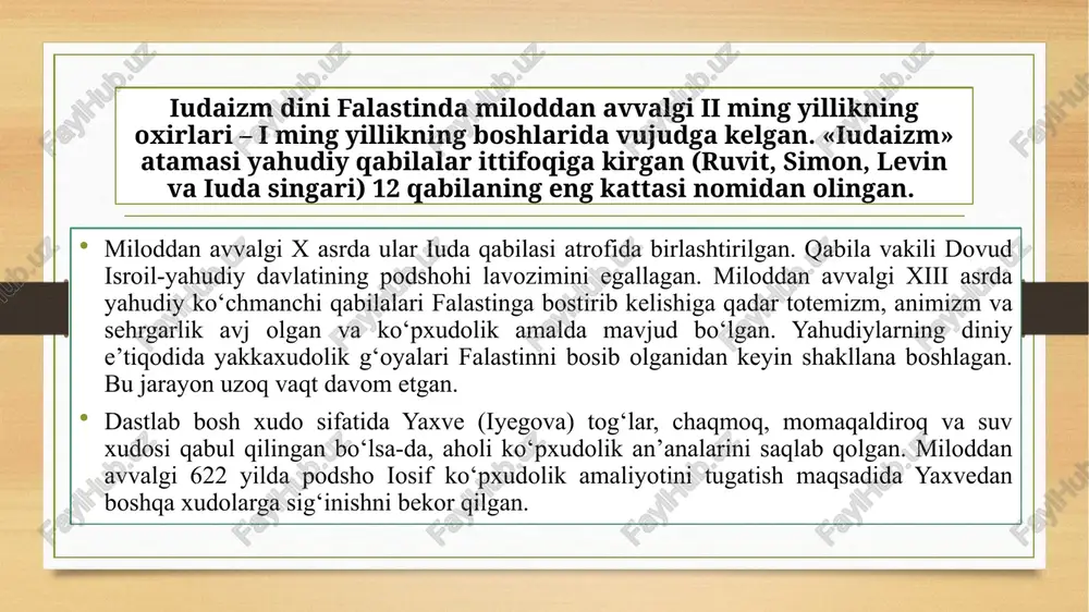 ylasuflaridan biri bo‘lgan ravvin maymond iudaizmning 13 ta asosiy aqidasini tuzib chiqqan. ular quyidagilardan iborat: o‘rta asrning ko‘zga ko‘ringan faylasuflaridan biri bo‘lgan ravvin maymond iudaizmning 13 ta asosiy aqidasini tuzib chiqqan. ular quyidagilardan iborat: 1) olamni yaratuvchi xudo bor; 2) u bitta; 3) u jismsiz; 4) u ibtidosiz; 5) faqat xudoning bir o‘ziga sig‘inish kerak; 6) tabiiy sir – haqiqat; 7) muso payg‘ambarlarning eng ulug‘i; 8 8) tora (tavrot), ya’ni injilning birinchi besh kitobi musoga xudo tomonidan berilgan; 9) musoning qonunlarini boshqa qonunlar bilan almashtirib bo‘lmaydi; 10) koinot xudoning irodasi bilan boshqariladi; 11) yaxshilarga yaxshilik, yomonlarga jazo bor; 12) isroilga xaloskor keladi; 13) o‘lganning tirilishi haqiqat. har bir dindor taom iste’mol qilish, jinsiy munosabatlar, jamoat joylari, ibodatxonalardagi xulq-atvor qoidalari va hokazolarni tartibga soladigan 365 ta taqiq va 248 ta buyruqlarni yoddan bilishi kerak. shabbat (shanbalik) – dam olish kuni va bunda har qanday ijtimoiy faoliyat taqiqlanadi; yom kippur (cheklanish kuni) …