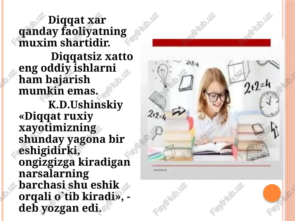 lmaydi, balki oradan ma’lum vaqt o`tadi. bu vaqt 0,02 sekunddan 0,1 sekundga tengdir.xuddi shu singari,sezgi xosil bo`lgach ,ma’lum muddat davom etadi.davom etish muddatiga qarab sezgilar qisqa va uzoq muddatli bo`ladi. sezgilar kuchli va kuchsiz ham bo`lishi ham mumkin.bu qo`zgovchi kuchiga bog`liqdir. sezgi chegaralarga ham egadir.uning quyi va yuqori chegarasi farqlanadi. sezgirlikni mashq yo`li bilan yoki maxsus morfiy modda ta’sirida kuchaytirishga- sensibilizasiya deyiladi. adaptatsiya ham sezgiga xos xususiyatdir. adaptatsiya deb sezgi organlarining tashqi qo`zgovchilarga moslashishiga aytiladi. adaptatsiyaning 3 shakli farq qilinadi: 1.qo`zgovchining uzoq vaqt ta’siri natijasida sezgining yo`qolib qolishi. 2.kuchli qo`zgovchi ta’siri ostida sezgining zaiflashishi. 3.kuchsiz qo`zgovchi ta’siri ostida sezgirlikning ortishi. sinesteziya – bu ikki sezgining yaxlit bir sezgi bo`lib qo`shilib ketishi demakdir. xotira haqida umumiy tushuncha xotira- biz ilgari idrok qilgan,boshdan kechirgan va bajargan ishlarimizni yodda saqlash,keyinchalikularni eslash yoki xotirlash jarayonidir. xotirani tajriba asosida psixologiya asosida tadqiq etish, xix asrning 80-yillariga to`g`ri keladi. 1885 yilda nemis psixologi ebbingaus xotirlab qolish …