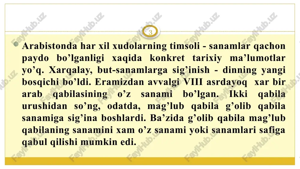 ri qabilasidan bir guruh ayol go’dak izlab shaharga keladi. muxammad a.s.ga sut-ona bo’lish abu zuaybning qizi xalimaga nasib etdi. xalimaning eri chorvador abu kabsha edi. quraysh xalqi payg’ambarimiz a.s.ni masxaralab kulganda u kishini abu kabshaga mansub qilib: “bu abu kabshaning o’g’li nuqul osmondan gapiradi” deyishardi. rasululloxni 4 yildan ortiq vaqt ichida emizgan xalimaning oilasiga baraka yog’ilib turdi. “sharxi sadr” voqeasi ana shu davrda yuz berdi (qur’oni karimning 94-surasi). 10 5 yoshlarida onalari omina vafot etdi. 8 yoshgacha buvalari abdulmuttalib qo’llarida qolib, buvalari vafot etgach amakilari abu tolib muxammad a. s. ni o’z qarmog’iga oldi. muxammad a.s. 25 yoshga to’lganlarida asad jamoasidan bo’lgan boy ayol xadicha bint xuvaylid u kishidan o’zining savdo karvoni bilan birga shomga safar qilishni so’radi. bu savdodan katta foyda tushdi. muxammadning to’g’ri so’zlilik, xalollik, sadoqatlilik kabi yuksak insoniy fazilatlarini ko’rgan xadicha yoshlari ancha katta bo’lishiga qaramay, taomilga zid ravishda unga sovchi qo’ydi. muxammad tomonidan amakilari abu tolib, …
