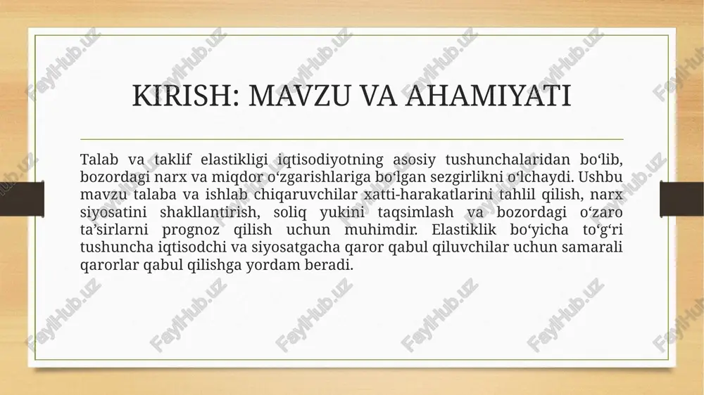 : qishloq xo‘jaligida o‘sish davri va ob-havo omillari tufayli taklif qisqa muddatda inelastik bo‘ladi, narxlar o‘zgarishi miqdorga sezilarli ta’sir ko‘rsatmasligi mumkin. sanoat ishlab chiqarishda esa texnologik imkoniyatlar va ommaviy ishlab chiqarish tufayli taklif nisbatan elastik bo‘lishi mumkin. ushbu misollar siyosatchilar uchun bozorda aralashuvni rejalashtirishda muhim dalil bo‘ladi. taklif va talab elastikligi birga: narx va miqdor natijalari bozorda yakuniy narx va miqdor talab va taklif elastikliklarining mutanosib ta’siri natijasida aniqlanadi. agar talab inelastik va taklif elastik bo‘lsa, narx o‘zgarishlari talabni kamroq o‘zgartiradi va ishlab chiqaruvchilar ko‘proq moslashadi. aksincha, agar taklif inelastik va talab elastik bo‘lsa, narx o‘zgarishlari umumiy miqdorga katta ta’sir ko‘rsatishi mumkin. ushbu o‘zaro ta’sirlar soliq yukini taqsimlash, subsidiya samarasi va narx qoidalari kabi siyosiy qarorlarning natijalarini aniqlashda asosiy rol o‘ynaydi. soliq yukining taqsimlanishi va elastiklikning roli soliq qo‘yilganda uning iqtisodiy yukini kim ko‘tarishi talab va taklif elastikliklariga bog‘liq: odatda nisbatan inelastik tomon (talab yoki taklif) soliq yukining katta qismini …