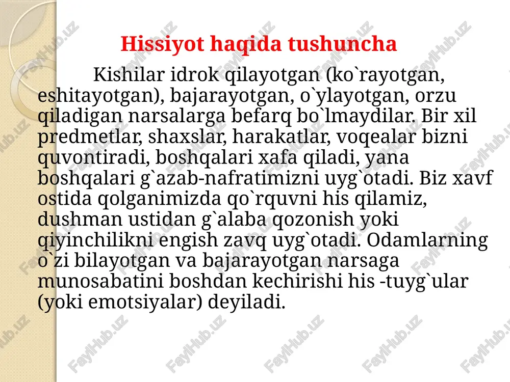iy hayajon, ehtiros degan so`zdan olingan. affektlar ko`pincha to`satdan paydo bo`ladi va ba`zan atigi bir necha minut davom etadi. affekt holatida kishining ongini tasavvur qilish, fikr qilish qobiliyati torayadi, susayib qoladi. affektlar vaqtida odamning harakatlari kutilmagan tarzda “portlash”singari birdaniga boshlanib ketadi. ba`zan affektlar tormozlanish holati tariqasida namoyon bo`ladi va bunday holatda organizm bo`shashib, harakatsiz bo`lib va shalvirab qoladi. bunday holat ko`pincha odam birdaniga qo`rqqanida, to`satdan quvonganida va shu kabi hollarda “o`zini yo`qotib qo`yish” ko`rinishida namoyon bo`ladi. har bir kishi o`zida boshlanayotgan affekt holatiga tushmaslik uchun ko`rashmog`i kerak. stress stress - jiddiylik holati. keskin vaziyat sababli yuzaga keladigan emotsional holatlar stress yoki jiddiylik holati deb ataladi. jiddiylik - turli jismoniy va aqliy ishlar haddan oshib ketib, havfli vaziyat tug`ilgan paytlarda, zaruriy choralarni tezlik bilan topishga to`g`ri kelganda vujudga keladigan harakatdir. stress holatining paydo bo`lishi va o`tishining psixologik xususiyatlarini bilish uchuvchilar, kosmonavtlar, elektrostantsiya operatorlari, dispetcherlar, mashinistlar, haydovchilar, sud’yalar, korxona rahbarlari, o`quvchilardan imtixon …