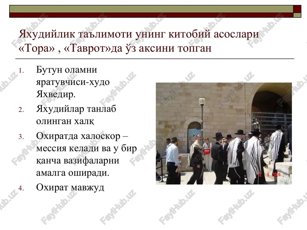 asosi «ulug' dao» hisoblanadi (dao, tao — «yo'l», «haqiqat», «tartib» demakdir). dao nima ?  daosizm vakillari uchun dao o'zgacha mazmunga ega: dao umumiy tabiat qonuni va ibti-do, intihoning o'zagidir. umumiy mazmunda dao — butun borliq demakdir. daoni hech kim yaratmagan, barcha narsalar dyaodan kelib chiqqan va unga qaytadi. dao hech kimga ko'rinmaydi, sezgi a'zolari uni ilg'ay olmaydi. nimani ko'rish, eshitish, sezishga anglash mumkin bo'lsa, u dao emas.  daosizm birinchi ming'yillikda buddizm va konfutsiychilik bilan raqobatlashib keldi. vi asrga kelib daosizm konfutsiychilikdan keyin ikkinchi o'rinni egallagan edi. xiii asrdan boshlab daosizm ta'limoti aniq asoslarga ega emasligi haqidagi, o'z davridagi yuksak ta'limotlari turli xurofotlar bilan almashgani tufayli inqirozga yuz tuta boshladi. konfutsiychilik  konfutsiy (kun tszi) mio. av. 551 - 479 yil  konfutsiychilik falsafiy g'oya sifatida maydonga kelgan. uning asoschisi konfutsiy (kun tszi) mil. av. 551 yilda tug'ilib, mil. av. 479 yilda vafot etgan. oddiy xalqning nochorligi, amaldorlarning zolimligi, …
