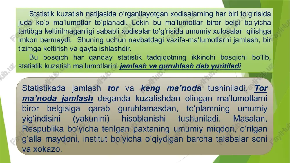 uhlashda dastlab guruhlash oralig‘ini aniqlab olish lozim. guruhlash oralig’i belgining eng katta va eng kichik variantlari ayirmasining guruhlar soniga nisbati bilan aniqlanadi. oraliqlar: • teng va teng bulmagan; • ochiq va ochiq bulmagan; • maxsus ko’rinishlarda bo’lishi mumkin. teng oraliq (interval) deyilganda barcha guruhlar uchun bir xil oraliq miqdori tushuniladi va u quyidagicha aniqlanadi. i= bu yerda: i – oraliq kattaligi (miqdori) xmax - guruhlash belgisining eng katta miqdori (varianti); xmin - guruhlash belgisining eng kichik miqdori (varianti); n - guruhlar soni. ushbu formulaga asosan interval miqdorini hisoblash uchun oldindan guruhlar sonini belgilab olgan ma’qul masalan, paxta hosildorligining eng yuqori darajasi – 60 s/ga, eng past darajasi — 20 s/ga, guruxlar soni 5 ta bulishi mo’ljallangan bo’lsa, u holda har bir guruh uchun oraliq kattaligi 8 s/ga teng buladi: i= 8 korxonalar tartib raqami asosiy fondlarning o‘rtacha yillik qiymati (mln. doll) o‘rtacha ro‘yhatdagi ishchilar soni (kishi) joriy yilda ishlab chiqarilgan …