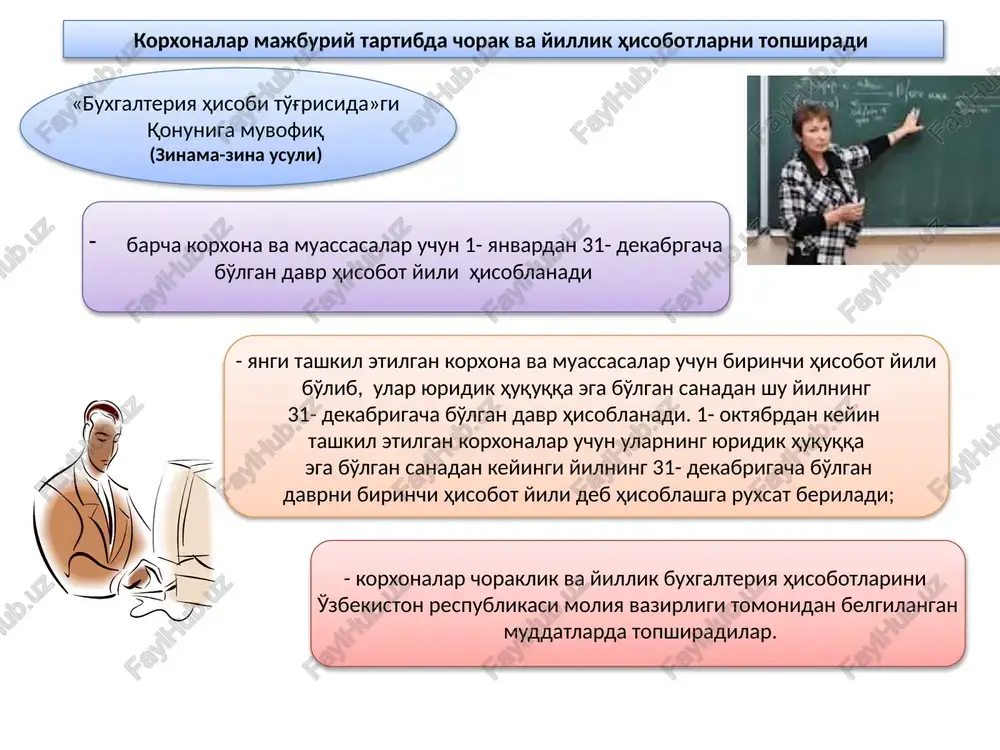 rda tegishli belgilar qo'yiladi; - jurnal orderlarning kredit oborotlari jami hisoblab chiqiladi. 2. moliyaviy hisobotni tuzish va uni tashkil etish jurnal - order shaklida hisob yuritil- ganda oy oxiriga qolgan summalarni o'tkazish va hisob registrlarini yakunlash bo'yicha hisob ishlarining ketma - ketligi (zinama-zina usuli) - 7, 12, 14, 15, 16, 17 va boshqa qaydnomalarning analitik hisob yig'indisi hisoblab chiqariladi, shundan keyin jami ma'lumotlari tegishli jurnal - orderlarda aks ettiriladi; ishonchlilik va extiyotkorlik xisoblab yozish va ikkiyoklama yozuv usuli bilan xisob yuritish tamoyili davomiylik va xo'jalik operatsiyalari, aktivlar va passivlarga pul bilan baxo berish moliyaviy xisobotning xolisligi va aktivlar va majburiyatlarning xakikiy baxosi 1-sonli bxmsga muvofiq moliyaviy hisobot tuzishda quyidagi asosiy tamoyillarga asoslanadi tamoyillar (zinama-zina usuli) mazmunning shakldan ustunligi va ko'rsatkichlarning kiyosiyligi . muximlik va to'g'ri hamda beg'araz tasavvur zamonaviylik va offsetting (moddalarning o'zaro xisobga olinishi) tugallik va izchillik tushunarlilik va axamiyatlilik xisobot davridagi daromadlar va xarajatlarning bir-biriga muvofikligi xolislik va …