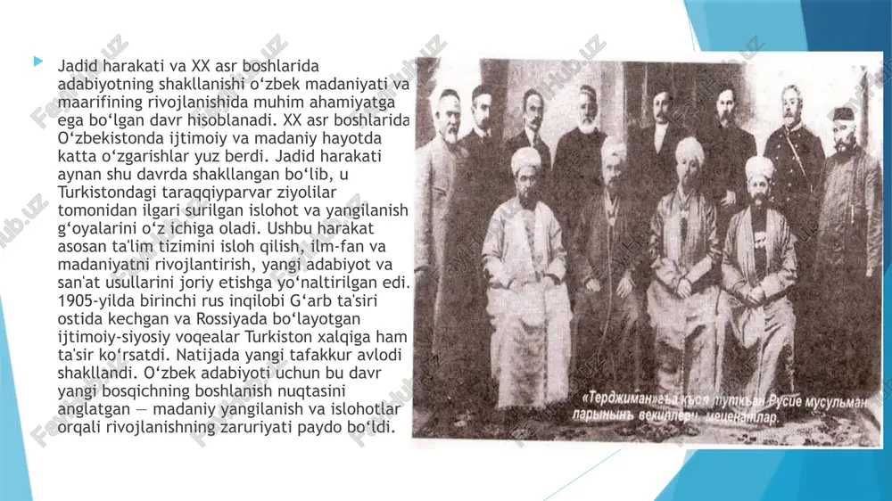 ar orasida ilk qadamlardan biri bo'lib, ma'rifatparvarlik va yangicha fikrlash tarzi targ'ib qilingan. abdulla avloniy - o'zbek adabiyoti va pedagogikaning rivojida katta ahamiyatga ega shaxsdir. u, xususan, "turkiston viloyatining gazeti" va "maorif" jurnallaridagi maqolalari orqali yangicha ta'lim va tarbiyaning ahamiyatini keng yoritdi. 1912-yilda uning "birinchi muallim" asari maktablar uchun darslik sifatida qo'llanila boshlandi. mahmudxo'ja behbudiy - o'zbek jadid harakati namoyandalarining yana bir yetakchilaridan biridir. u 1903-yilda "tarjimon" gazetasini turkistonda keng tanitib, 1913-yilda esa "samarqand" gazetasini nashr etdi. behbudiyning "padarkush" nomli dramasi o'zbek teatrining rivojlanishida muhim qadam bo'lib, bu asar milliy matnli p'yesalar sahnalashtirilishining boshlanishi hisoblanadi. dramaturgiya va proza: yangi janrlar va mavzular teatr janri o'zbeklar orasida birinchi marta jadidlarning asarlarida asosiy orni to'ldi, ijtimoiy muammolarni namoyish qilish vositasi sifatida ishlatildi drama va teatr roman va hikoya muammoli hikoyalar jadid adabiyotida roman janri voqea-voqea rivojlanish tarixiga, shaxs hayoti va tarbiyasiga qaratilgan asarlar juda ko'p. yangi proza ta'lim, modernizm va oilasi muammolari, …