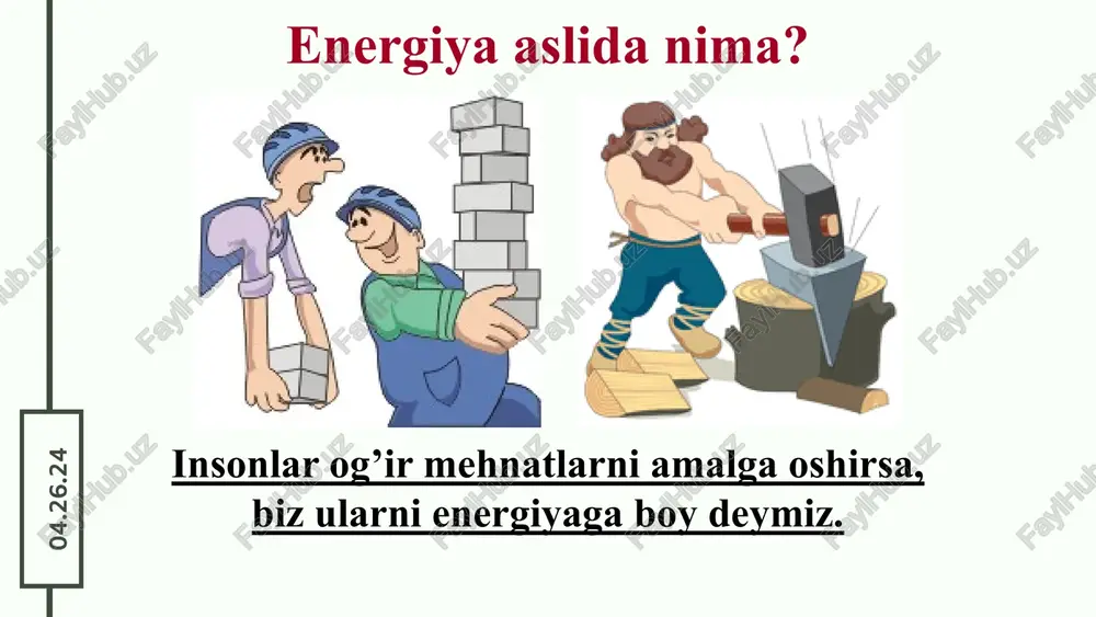 an 17% ni ta'minlaydi. rossiyada 10 ta atom elektra stansiyasi bo’lib, eketr energiyaning taxminan 16% ishlab chiqaradi 04.26.24 atom energiyasining afzalligi va kamchiliklari: yadro energiyasi juda yuqori konsentratsiyaga ega. ishlab chiqarilgan energiya miqdori bo'yicha 1 kg uran 2,5 ming tonna eng yaxshi ko'mirga teng. atom elektr stantsiyasi normal rejimda ishlaganda, issiqxona effektini keltirib chiqaradigan gazlar, xususan, karbonat angidrid chiqindilari yo'q. atom elektr stansiyalari tuproq va suv havzalarini kul va shlaklar bilan ifloslantirmaydi. atom elektr stansiyasini qurish odatdagi ko'mirda ishlaydigan issiqlik elektr stantsiyasini qurishdan taxminan 5 baravar qimmatga tushadi. yadro reaktorlari va umuman atom elektr stansiyalarining qimmatligi avariyalarning oldini olish uchun qat’iy xavfsizlik choralarini ta’minlash zarurligi bilan izohlanadi. qolaversa, atom elektr stansiyalarining radioaktiv chiqindilarini tashish, saqlash va qayta ishlash xarajatlari juda yuqori ekanligini unutmasligimiz kerak. shu sababli, atom energiyasining arzonligi haqidagi afsonadan farqli o'laroq, radioaktiv xom ashyoni qazib olish va tashish, atom elektr stantsiyalarini qurish va chiqindilarni yo'q qilish kabi barcha …