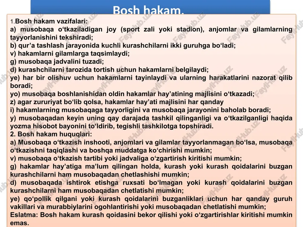 sh kerak. 5. olishuv davomida qoida buzganlik uchun beriladigan ogohlantirishlarni e’lon qilish uchun o‘rtadagi hakam bellashuvi (“to‘xta” komandasi bilan) to‘xtatib, 8–10 sekund ichida tegishli ogohlantishni berib, (bu vaqt ichida kurashchilar kiyimlarini tartibga solib o‘z joylarida turishlari lozim) “kurash” deb qaytadan olishuvni boshlash kerak. 6. vaqtni kuzatib boruvchi hakamning bildirishi bilan o‘rtadagi hakam belgilangan olishuv vaqti tugaganligini “vaqt” iborasini aytib, ishorasini qo‘l bilan ko‘rsatib, olishuvni to‘xtatishi kerak. vaqtni kuzatuvchi hakam. 1. vaqtni kuzatuvchi hakam kurashchilar olishuviga chaqirilgandan keyin gilamga qancha vaqt mobaynida keladilar, agar uzursiz kechikib kelsalar bu haqida darrov bosh hakamni ogohlantirish kerak. 2. olishuv vaqtining har bir daqiqasini nazorat qilib hisoblab boradi. agar olishuv davomida kurashchi tibbiy yordam olsa yoki boshqa sabablar bilan olishuv to‘xtatilsa hammasini hisoblab bosh hakamni xabardor qilishi shart. 3. kurashchi 1 daqiqada gilamga chiqmasa “tanbeh”, 2 daqiqada “dakki”, 3 “g‘irrom” ogohlantirilishi beriladi. tablodagi hakam. a) o‘rtadagi hakam e’lon qilgan har bir bahoni yoki ogohlantirishlarni tabloda …