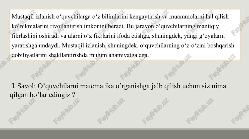 ng. 2. topshiriq loyihalashtirish o‘quvchilarga real hayotdagi vaziyatga oid matematik topshiriqlarni mustaqil yechish topshiriladi. masalan: siz fermer ekansiz. 100 metr panjara bor. eng katta maydonli to‘rtburchak yer ajratish uchun qanday shakl tanlaysiz? 3. matematik diktant va mini-tadqiqotlar har bir o‘quvchiga kichik tadqiqot savoli beriladi, u uyda yoki kutubxonada mustaqil o‘rganadi. 4. matematik to‘garaklar va olimpiadalar maxsus sinfdan tashqari mashg‘ulotlar orqali iqtidorli o‘quvchilarni chuqur izlanishga jalb qilish. xulosa o‘quvchilarni mustaqil matematik izlanishga jalb qilish — bu faqat bilim berish emas, balki ularga fikrlashni o‘rgatish, muammoni hal qilish madaniyatini shakllantirish demakdir. zamonaviy metodik yondashuvlar yordamida bu maqsadga erishish mumkin. o’quvchi o’zi mustaqil fanni o’rganishi uchun fanga bo’lgan munosabati iliq bo’lishi kerak bu esa o’qituvchining qo’lida fanga jalb etishi lozim etiboringiz uchun raxmat !!! image1.jpeg image2.jpeg /docprops/thumbnail.jpeg