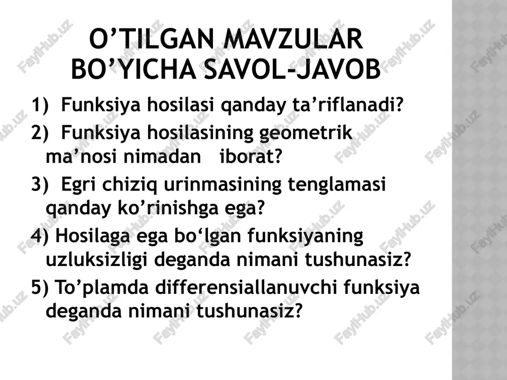 odalaydi. endi bunday aniqmaslikni ochishda ham f(x) va g(x) funksiyalarning hosilalaridan foydalanish mumkinligini ko‘rsatadigan teoremani keltiramiz. 3.2-teorema. agar f(x) va g(x) funksiyalar (a;) nurda differensiallanuvchi, hamda g’(x)0, 2) mavjud bo‘lsa, u holda mavjud va bo’ladi misol. ushbu limitni hisoblang yechish. f(x)=lnx, g(x)=x funksiyalar uchun 3-teorema shartlarini tekshiramiz: 1) bu funksiyalar (0,+) da differensiallanuvchi; 2) f’(x)=1/x g’(x)=1; 3) ya’ni mavjud. demak, izlanayotgan limit ham mavjud va tenglik o‘rinli = aniqmasliklarni ochish. lopital qoidalari o‘z-o‘zini tekshirish uchun savollar koshi teoremasini ayting. koshi teoremasidan lagranj teoremasini keltirib chiqaring. nima uchun ferma, roll, lagranj, koshi, darbu teoremalari o‘rta qiymat haqidagi teoremalar deyiladi? va da ko’rinishidagi aniqmaslikni ochish uchun lopital qoidasini chiqaring. 31 mustaqil yechish uchun misol va masalalar 1) ni hisoblang 2) ni hisoblang 3) ni hisoblang 4) agar f(x)=x3, g(x)=x2+1 bo‘lsa, u holda bu funksiyalar uchun [1;2] kesmada koshi formulasini yozish mumkinmi? yozish mumkin bo‘lsa, c ni toping. teylor ko‘phadi. peano ko‘rinishdagi qoldiq …
