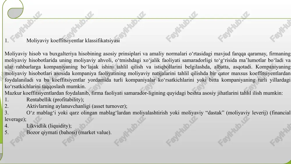 bida to'liq ko'rsatilmagan holda pul operatsiyalarini amalga oshirish; 2. trast, veksel va boshqa hisoblardan foydalanish; 3. “ikkiyoqlama buxgalteriya” yuritish, naqd pullar bilan muomala qilish, shu orqali daromad va pul tushumlarini soliqdan yashirish; 4. korxonani bir shahar, tumanda ro'yxatdan o'tkazish, ammo hisob raqamini boshqa shahar, tumandagi banklarda ochish orqali soliq to'lashdan korxona ro'yxatga olingan joyda va faoliyat yuritgan joyida ham qochadi, ya'ni bo'yin tovlaydi; 5. hisobga olinmagan xarajatlar hisobiga sotilayotgan mahsulot (xizmat, ishlar)ning tannarxini oshirib ko'rsatish; 6. rasmiy hisob va to'lov xujjatlarida tomonlarning kelishuviga asosan bajarilgan ish (ko'rsatilgan xizmatlar) qiymati past narxlarda ko'rsatiladi, uning qolgan qismi naqd pul shaklida o'zaro taqsimlab olinadi. naqd pullardagi daromad soliqqa tortishdan yashiriladi. xufyona iqtisodiyot daromadlarni soliqqa tortishdan yashirishda namoyon bo'ladi. soliq to'lashdan bo'yin tovlash usullari quyidagilardan iborat: jadvalning so‘nggi bo‘limida bozor qiymati koeffitsiyentlari sanab o‘tilgan bo‘lib, ular yordamida firmaning buxgalteriya hisobidagi ma’lu-motlar uning bozor qiymatiga qanchalik to‘g‘ri kelishi baholanadi. bu guruhdan eng ko‘p qo‘llaniladigani – …