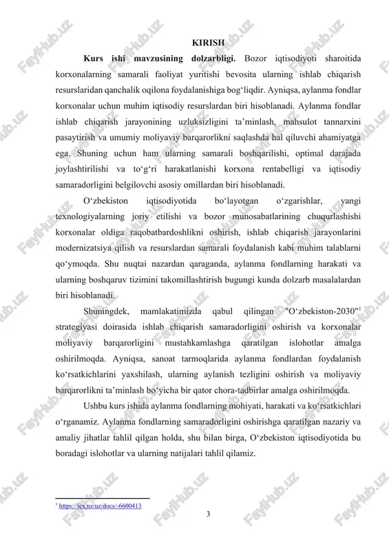 hqaruv jarayonlarini o‘rganish · aylanma fondlarning asosiy ko‘rsatkichlarini tahlil qilish · o‘zbekiston iqtisodiyotida aylanma fondlardan foydalanishning amaliy jihatlarini tahlil qilish ushbu vazifalarni amalga oshirish orqali kurs ishida aylanma fondlar bilan bog‘liq nazariy va amaliy jihatlar to‘liq ochib beriladi. kurs ishining tuzilishi. mazkur kurs ishi kirish, asosiy qism (4 ta reja), xulosa va takliflar va foydalanilgan adabiyotlar ro’yxati kabi qismlardan iborat. ushbu kurs ishi ilmiy-nazariy va amaliy materiallarga asoslanib tayyorlangan bo‘lib, unda o‘zbekiston iqtisodiyotida aylanma fondlarning o‘rni va ahamiyatini yoritish, shuningdek, ularning samaradorligini oshirish yo‘nalishlarini aniqlashga alohida e’tibor qaratiladi. 1. aylanma fondlarning mohiyati va tarkibi aylanma fondlar – bu korxonaning ishlab chiqarish jarayonida to‘liq iste’mol qilinadigan va o‘z qiymatini tayyor mahsulotga to‘liq o‘tkazadigan moddiy resurslardir. ular ishlab chiqarish jarayonida bir marta ishtirok etib, o‘zining butun qiymatini mahsulot tannarxiga o‘tkazadi va har bir ishlab chiqarish siklida qayta tiklanishi lozim bo‘ladi. aylanma fondlar korxonaning ishlab chiqarish faoliyatining uzluksizligini ta’minlashda muhim rol o‘ynaydi. savdoning …