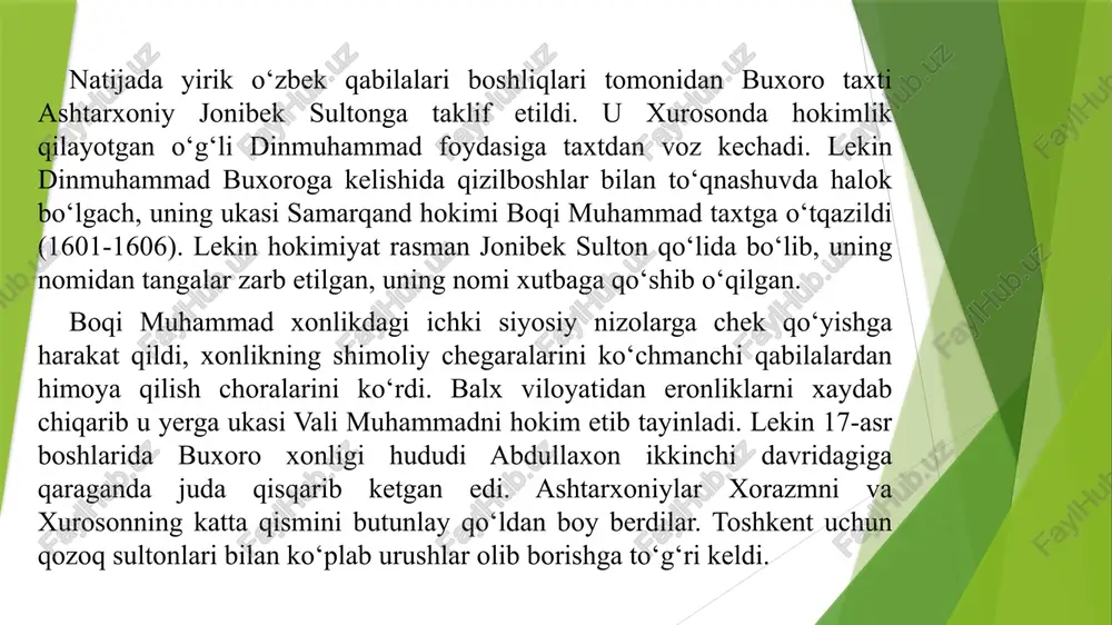 ilgan past qiymatli mis pullar bozorlarda savdogarlar tomonidan olinmasdan, do‘konlar yopilib, buxoro shahrida katta qo‘zg‘olon ko‘tarildi. qo‘zg‘olon bostirilgan bo‘lsada, siyosiy vaziyat izga tushmadi. natijada ubaydullaxon o‘ldirilib, taxtni ashtarxoniylar sulolasining amaldagi so‘nggi xoni abulfayzxon egalladi. uning hukmdorligi davrida (1712-1747) mamlakatda qabila boshliqlari, viloyat hokimlarining markaziy hokimiyatga qarshi chiqishlari yanada kuchaydi. amaldorlar fitnasi avj oldi. buxorodagi markaziy hokimiyat amalda bir guruh saroy amaldorlari qo‘lida edi. 1722 yilda samarqandda mustaqil xonlikka asos solindi va bu xonlik 1731 yilgacha saqlab turildi. mamlakatdagi ikki honkimiyatchilikdan ko‘chmanchi qozoqlar unumli foydalandilar. ular 7 yil (1723-1729) davomida xosildor zarafshon va qashqadaryo voxalariga talonchilik yurishlarini uyushtirib turdilar. shaharlarda hayot izdan chiqdi, butun-butun qishloqlar xuvillab qoldi. mamlakat iqtisodiy va siyosiy inqiroz yoqasiga kelib qoldi. yirik o‘zbek qabila va urug‘ boshliqlari o‘zlariga tegishli hududlarda mustahkam qo‘rg‘onlar barpo etib, markaziy hokimiyatga umuman bo‘ysunmay qo‘ydilar. bu siyosiy parokandalikdan tashqi dushmanlar ustalik bilan foydalandilar. eronda yangi sulolaga asos solgan nodirshoh qo‘shinlari 1736 yilda movarounnahrga …