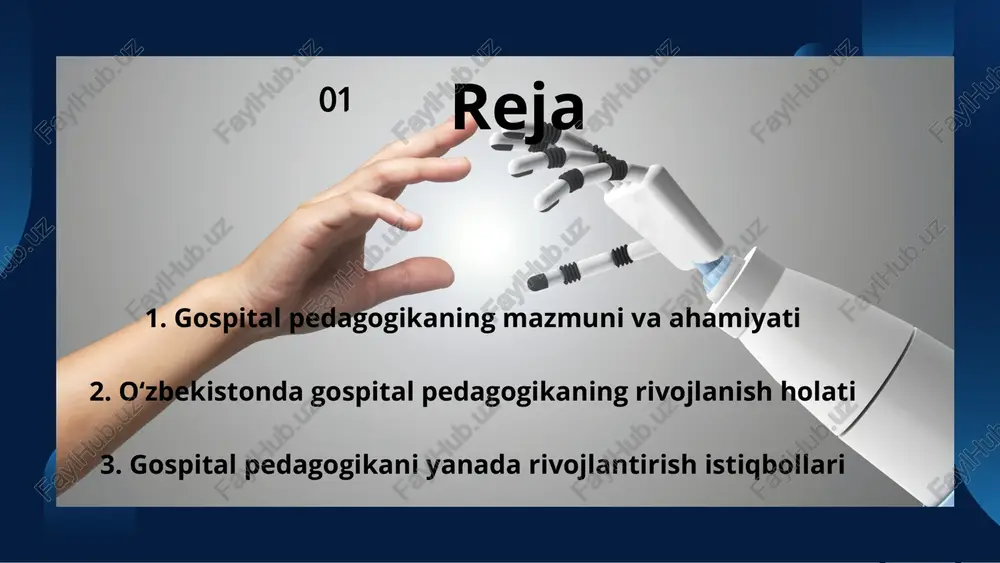 v jarayonida, darsdan tashqari mashg‘ulotlarda, umumta’lim maktab bitiruvchisi bo‘lganida hamda ijtimoiy hayoti davomida qo‘llashiga yordam beradi. kasalxona o'qituvchilari shifokorlarning bolaning sog'lig'ining hozirgi holati uning reabilitatsiya potentsiali, kasallik va davolash jarayoni bilan bog'liq kognitiv va boshqa kamchiliklari to'g'risidagi tavsiyalarini hisobga oladi va ularga qat'iy amal qiladi. kasalxona o’qituvchilar uzoq muddat kasal bo’lib qolgan bolaning ota-onalari hamda maslahat va amaliy yordam ko’rsatuvchi psixologik yordam xizmati bilan har kuni aloqada bo’ladi. foydalanilgan adabiyotlar: 1. o‘zbekiston respublikasi prezidentining “ta’lim-tarbiya tizimini yanada takomillashtirish chora-tadbirlari to‘g‘risida”gi qarori. — toshkent, 2021. 2. o‘zbekiston respublikasi “ta’lim to‘g‘risida”gi qonuni. — toshkent, 2020. 3. karimova r. “maxsus pedagogika asoslari”. — toshkent: fan va texnologiya, 2019. 4. gospital pedagogika: o‘quv qo‘llanma / mualliflar jamoasi. — toshkent: tdpu nashriyoti, 2022. mavzuga doir rebus mavzuga doir testlar 1. gospital pedagogika deganda nimani tushunamiz? a) kasalxona binosining qurilishi b) davolanish jarayonidagi bolalarga ta’lim berish tizimi c) tibbiyot xodimlari malakasini oshirish d) psixologik maslahat xizmati …