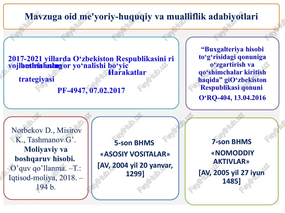 iklash) qiymati; tugatish qiymati — asosiy vositalarning chiqib ketishi bo‘yicha kutilayotgan xarajatlarni chegirgan holda kutilayotgan foydali xizmat muddati oxirida asosiy vositalarni tugatish chog‘ida olinadigan aktivlarning kutilayotgan summasi. 1. asosiy vositalar haqida tushuncha, ularni turkumlash va baholash tartibi qayta baholash: asosiy vositalarni qayta baholash - asosiy vositalar qayta tiklash qiymatini hozirgi bozor narxlari darajasiga muvofiqlashtirish maqsadida ularni vaqti-vaqti bilan aniqlashtirishdir asosiy vositalar indeksasiya yo‘li bilan yoki rasmiy tasdiqlangan bozor narxlari bo‘yicha bevosita qaytadan hisob-kitob qilish orqali qayta baholanadi 1. asosiy vositalar haqida tushuncha, ularni turkumlash va baholash tartibi 12 2. asosiy vositalar haqida tushuncha, ularni turkumlash va baholash tartibi asosiy vositalar qiymati korxona balansiga: a) kapital qo‘yilmalar tugaganidan so‘ng qurilgan ob'ektni qabul qilish-topshirish; b) ob'ektni oldi-sotdi shartnomasi bo‘yicha xarid qilish; v) ta'sischilarning ustav kapitaliga hissalari; g) tekinga kelib tushish (hadya shartnomasi bo‘yicha); d) ayirboshlash;. 13 2. asosiy vositalar haqida tushuncha, ularni turkumlash va baholash tartibi asosiy vositalar qiymati korxona balansiga: ye) …