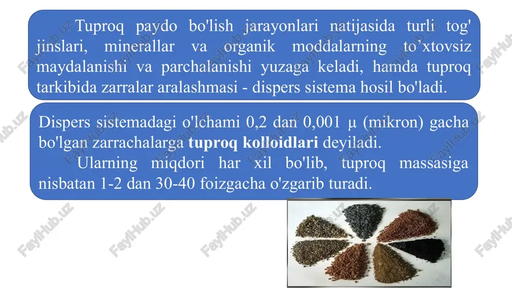 ni hosil qiladi. misella yadrosi potensiallarni aniqlovchi ionlar qatlami bilan birga granula deyiladi. granula kompensirlovchi ionlarning harakatsiz qatlami bilan birga kolloid zarracha deb ataladi. tuproq kolloidlari ham boshqa kolloidlar kabi ikki, ya'ni zol va gel holida bo'ladi. zol holidagi kolloid suyuq muhitda erigan va tarqoq holatda bo'lib, bir xil zaryadli (ko'pincha manfiy) bo'lganida to'xtovsiz harakat qilib turadi. gel holidagi kolloid aksincha har xil zaryadli big qancha kolloid zarrachalar yig'indisidan iborat, yopishqoq quyqa shaklda bo'lib, suyuq muhitda osonlik bilan cho'kish xususiyatiga ega. zol holidagi kolloidlarning turli omillag ta'sirida bir-biri bilan yopishib, to'planib cho’kma hosil qilishi, ya'ni gel holatiga o'tishiga koagulyasiya, aksincha, gel holatidagi kolloidlarning uana qayta tarqalib zol hosil bo'lishiga peptizasiya jarayoni deyiladi. zol holidagi kolloidlarning turli omillar ta'sirida bir-biri bilan yopishib, to'planib cho’kma hosil qilishi, ya'ni gel holatiga o'tishiga koagulyasiya jarayoni deyiladi. misol: loyqa, balchiq — suv havzalaridagi juda mayda dispers zarralardan iborat loysimon cho'kindi. (tuproqshunoslikda) tuproq qattiq fazasi mexanik …