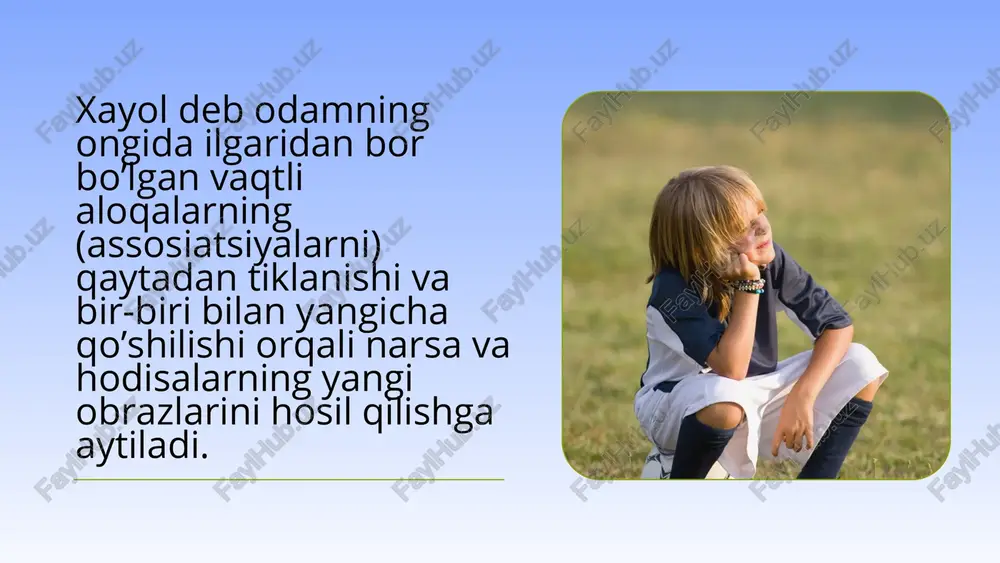 lbiy turlari ham bor. masalan, odamni asosiy ish faoliyatidan boshqa ishga sudraydigan orzular ham bo’ladi. shunday odamlar ham bo’ladiki, ular o’zlarining aniq faoliyatlarini orzu bilan almashtirib, tilak va istaklariga shirin orzudagina yetib yuradilar. ularning "quruq xayolparastlar" deb yuritiladi. ixtiyorsiz xayol deb - odam o’zining oldiga hech qanday maqsad qo’ymasdan, irodani ishga solmasdan, qandaydir o’z-o’ziga obraz va tasavvurlarni yaratishiga aytiladi. ixtiyorsiz xayol shu topdagi kuchli ehtiyoj tufayli maydonga keladi. odamning tush ko’rishi ham ixtiyorsiz xayol faoliyatlaridan hisoblanadi. yuqorida aytib o’tganimizdek, odam uxlay boshlagan paytda bosh miya po’stining hamma joylari tormozlanmay, ayrim joylari ishlab turadi. ana shu ishlab turgan joylaridagi nerv hujayralarida ilgari hosil qilingan obraz va tasavvurlar qayta tiklanib, odam tush ko’ra boshlaydi. bunda miya po’stining eng asosiy markazlari (ikkinchi signallar tizimi) tormozlangan bo’lgani tufayli hech qanday nazorat bo’lmaydi. natijada obraz va tasavvurlar bir-biri bilan allaqanday munosabatlarga kirib, odam palapartish tush ko’ra boshlaydi. ixtiyoriy xayol deb oldindan belgilangan maqsad asosida iroda …