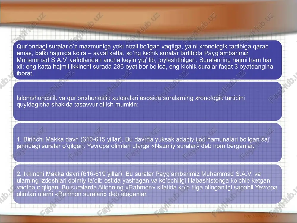 xalifa umar ibn al-xattob (634-644) abu bakrga: «barcha qorilar shu zaylda o’lib ketaversa, qur’on nuqsonli bo’lib qolishi mumkin, shu sababli uni jamlab kitob holiga keltirish zarur», - degan maslahatini beradi. avvaliga abu bakr ikkilanib turadi, chunki bu ish payg’ambarimiz muhammad s.a.v. hayotlik paytlarida qilinmagan edi. bu hol bid’at deb qabul qilinishi mumkin edi. keyinroq abu bakr ham qur’onni kitob shakliga keltirib qo’yish zarurligini anglab yetdi va zayd ibn sobit ismli sahobani chaqirib bu ishni unga topshiradi. shunday qilib, zayd va boshqa qorilar mashaqqatli urinishlardan keyin qur’onni kiyik terisidan bo’lgan sahifalarga yozib chiqdilar va bog’lab abu bakrning uyida saqlab qo’ydilar. bu jamlanma keyinchalik «as-suhuf al-bakriya» – «abu bakr sahifalari» deb nomlandi. abu bakr olamdan o’tgandan keyin jamlanma umar ibn al-xattob uyiga, u olamdan o’tgandan so’ng, uning qizi – payg’ambar ayoli hafsada qoldi. vaqt o’tishi bilan islom davlatida turli siyosiy guruhlar paydo bo’ldi. ular o’rtasidagi ziddiyatlar xalifa usmon ibn affon (644-656) davrida …