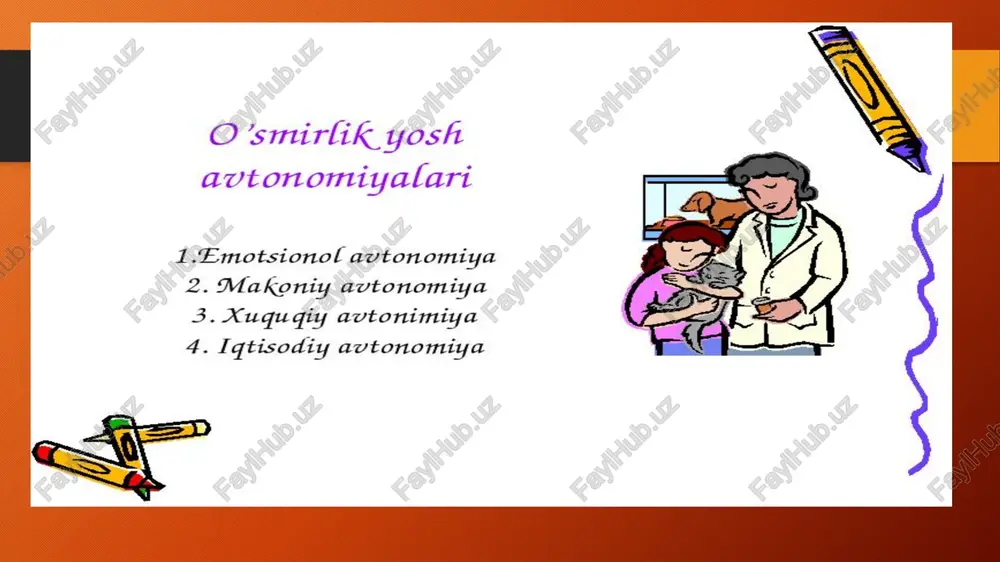 n yoki biron-bir joyda bo‘lgan vaqtlarida imkon qadar yolg‘iz bo‘lishga, ayniqsa, o‘z ota-onasi, oila a’zolari nazaridan chetroqda bo‘lishga, o‘z o‘y-xayollari bilan mashg‘ul bo‘lib vaqt o‘tkazishga intilib qoladi. suhbatlashsa ham asosan o‘z tengdoshlari, yaqin o‘rtoqlari bilangina muloqotda bo‘lib o‘z ota-onasi bilan imkon qadar kamroq muloqotda bo‘lishga in- tilib o‘zi bilan o‘zi ovora bo‘lib qoladi. ayni vaqtda o‘smirda kuzatilayotgan bu hodisalarning asl sababini tushunmagan ayrim ota-onalar ularning bunday holatidan xavotirlanib, ular bilan oldingiga qaraganda ko‘proq qiziqib qoladilar. boshqacha qilib aytganda, ularning avtonomiyasiga «bostirib kiradilar». buni esa o‘smirlar yoqtirmaydi. bunday holatlar o‘smirlar va ularning ota-onalari o‘rtasidagi o‘zaro munosabatlarida kelishmovchiliklar, nizolarning yuzaga kelishiga asos bo‘lishi mumkin. o‘smirlik davrida shaxs egotsentrizmi boshqa davrdagilarga qaraganda eng yuqori darajaga yetadi. bu davrda o‘smir o‘z shaxsiyatini boshqalardan ustun qo‘yadigan, o‘ziga ko‘proq bino qo‘yadigan bo‘lib qoladi. shu davrda o‘g‘il bolalarda ham, qiz bolalarda ham shunchaki kattalarga taqlid qilib emas, balki tom ma’noda o‘zining xatti-harakatini nazorat qilish, o‘zining yurish-turishi, kiyinishi, …