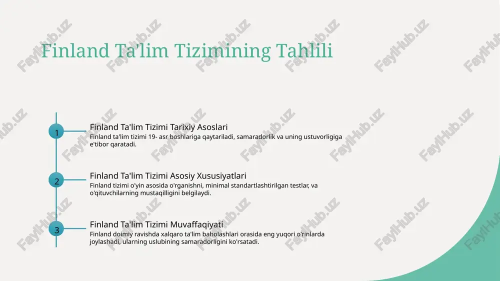 orlikka holistik yondashuv finsit o'quv tizimi o'quvchilarning bemorlikka holistik yondashuv qiladi, jismoniy, ruhiy va psixologik ehtiyojlariga e'tibor beradi. finlandiyada bireysel o'qish yo'laklari finlyandiya ta'lim tizimida talabalar o'zlariga mos keladigan shaxsiy o'qish yo'llarini olishadi, bu shaxsiy yondashuv talabalarga ta'limlarini o'zlariga egasi bo'lishadi va o'rganishga muhabbat qilishadi. photo by sajad nori on unsplash o'quvchilarni baholash va baholash usullari 1 2 3 baholash usullarining tahlili doimiy fikr berishga e'tibor o'z-o'zini baholashning ahamiyati finlandiya ta'lim tizimi o'quvchilarning o'zlashtirishini baholash uchun imtihonlar, loyihalar va prezentalar kabi turli baholash usullaridan foydalanadi. finlandiyadagi ta'lim o'qituvchilari o'quvchilarga doimiy fikr berishga e'tibor qaratadi, ularning rivojlanishlarini tushunish va yangilanishlar uchun yordam berish. finlandiyadagi o'quvchilar o'z-o'zini baholash faoliyatlariga qatnashishni tavsiya qiladi, ularning o'rganish jarayoni va maqsadlari haqida chuqur tushunishga erishish uchun. finlandiyadagi jamoaviy o'rganish va jamoa ishlari hamkorlikda o'rganishning ahamiyati finlyandiya maktablariida hamkorlik, talabalar o'rtasida jamoa ishtiyoqini, kommunikatsiyani va kritik fikrlash ko'nikmalarini rivojlantiradi. finlyandiya ta'lim tizimida jamoa ishtiyoqi jamoa ishtiyoqi finlyandiya …