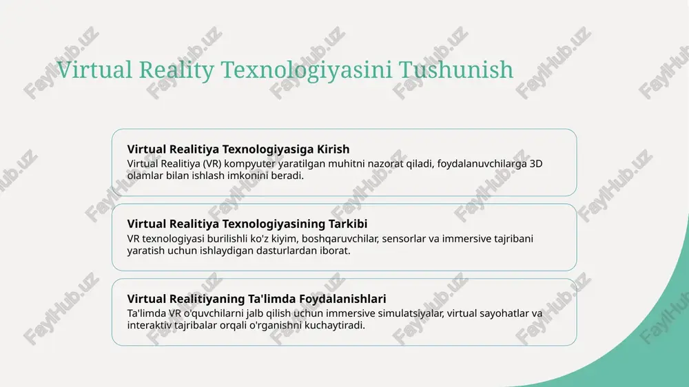 innovatsiyani tajribiy ko'rish imkoniyatiga ega bo'lishlari mumkin. virtual mehmonxonalar o'ngaytirilgan o'qish tajribalari virtual maydon safarlar talabalar uchun sinflardan chiqmasdan turli muhitlarni va madaniyatlarni o'rganish imkoniyatini beradi. qiziqarli ta'limli materiallar virtual realitiya texnologiyasi orqali talabalar realistik simulatsiyalar bilan muloqot qilishadi, murakkab tushunchalarni tushuntiradi. qulay o'qish resurslari virtual maydon safarlari shaxsiy ko'rish imkoniyatlarini beradi, shuningdek, o'rganishni kengaytiradi va murakkab bo'lib o'rganishni ta'minlaydi. kritik fikrlashma ko'nikmalarni oshirish virtual maydon safarlari orqali talabalar turli senariyalar orqali yo'l harakatlari va ko'rsatmalariga qarab qaror qabul qilish orqali kritik fikrlashma ko'nikmalarini rivojlantiradi. model laboratoriyalar virtual realitetda o‘qituvchilarni kompleks eksperimentlarni amaliy qilishda xatolik qilmas muhitda mashq qilishga imkoniyat beradi, ularning o‘qish tajribasini immersiv simulatsiyalar orqali oshiradi. bu texnologiya nazariyani amaliyga bog‘lab keluvchi haqiqiy senariylarga kirish imkonini beradi. photo by marc mueller on unsplash maxsus ta'lim uchun virtual reality 1 2 3 vrning special ta'limda ta'siri tashqi tadqiqotlar orqali o'rganishni kuchaytirish mustaqillik va ishonchni tarbiyalash virtual reality texnologiyasi ta'lim …