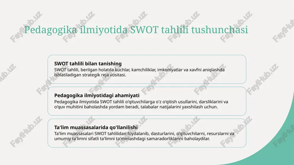 antirish va talabalar o'qish natijalarini yaxshilashlari mumkin. progressga xavf etarli tushunish ta'lim amaliyotlarida progressni to'xtatishi mumkin bo'lgan har qanday xavfni hal qilish juda muhimdir, yangi strategiyalarni muvaffaqiyatli amalga oshirishni ta'minlash. pedagogik usullarda kuchlarni identifikatsiya qilish pedagogika ilmiyotida, o'qitish usullaridagi kamchiliklarni muhimroqdir - davomiy rivojlanish uchun. yaxshi ko'rsatiladigan joylarni aniqlab, o'qituvchilar talabalar o'qish natijalarini va umumiy ta'lim tajribasini kuchaytirish strategiyalarini moslashtirishlari mumkin. photo by xavier von erlach on unsplash swot analizidan foydalanib muammolarni hal qilish swot tahlil usullarini tushunish swot tahlil, kuchlar, kamchiliklar, imkoniyatlar va xavfni tizimli ravishda aniqlashni o'z ichiga oladi. kuchlarni maksimal foydalanish uchun pedagogika fanida kuchlarni tanidikdan keyin, ta'limning samaradorligini oshirish mumkin. kamchiliklarga e'tibor berish va davomiy rivojlanish kamchiliklarni aniqlash, ta'lim beruvchilarga rivojlanish va professional o'sish strategiyalarini rivojlantirishga imkon beradi. ta'limda rivojlanishga qarshi chet tillarni navigatsiya qilish 1 2 3 potentsial xavflarni aniqlash tashqi muammoatlarni tahlil qilish ichki kuchlarni muhokama qilish ta'limni rivojlantirishni to'xtatishi mumkin bo'lgan mohiyatli xavflarni, …