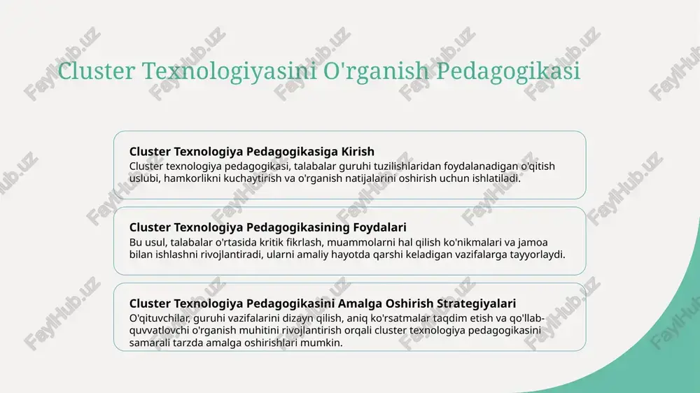 ster texnologiyasi bilan o'quvchilar osonlik bilan o'qituvchilar va do'stlari bilan muloqot qila oladilar, sinfda faol qatnashishni rivojlantiradi. cluster texnologiyasi orqali o'quvchilar shaxsiy talablari bo'yicha moslashtirilgan o'rganish materiallariga va resurslarga kirish imkoniyatiga ega bo'ladi. clusterlar bilan real-time qayta baholash va baholash real vaqtli aloqa va baholash, qator texnologiya pedagogikasining integral qismlari, tezroq baholash va shaxsiy o'qish tajribalariga imkon beradi. klasterlardan foydalanib, muallimlar talabalar bilan faol ishtirokda bo'lib, shaxsiy talablarni qondirish uchun darsni moslashtirishlari mumkin. photo by mpho mojapelo on unsplash cluster texnologiyasini xilma-xil fanlarga integratsiya qilish cluster texnologiyasini integratsiyasining ahamiyati cluster texnologiyasini farzli fanlarda integratsiya qilish, ishbilarmonlikni, nazariy fikrni va muammolarni hal qilish ko'nikmalarini kuchaytiradi. talabalarning qat'iyatini kuchaytirish cluster texnologiyasini qo'shib, talabalar o'zlarining o'rganish jarayonida ko'proq qat'iyatga ega bo'lib, o'qish natijalarini yaxshilaydi. interdisiplinar bog'lanishni qo'llab-quvvatlash cluster texnologiyasi farzli fanlarni integratsiya qilishga imkon beradi, murakkab tushunchalarni butunlay tushishni ta'minlaydi. kengaytirilgan cluster texnologiyasi dasturiyasi ishlab chiqish qator texnologiya konseptsiyalarni tushunish to'liq dasturni ishlab …