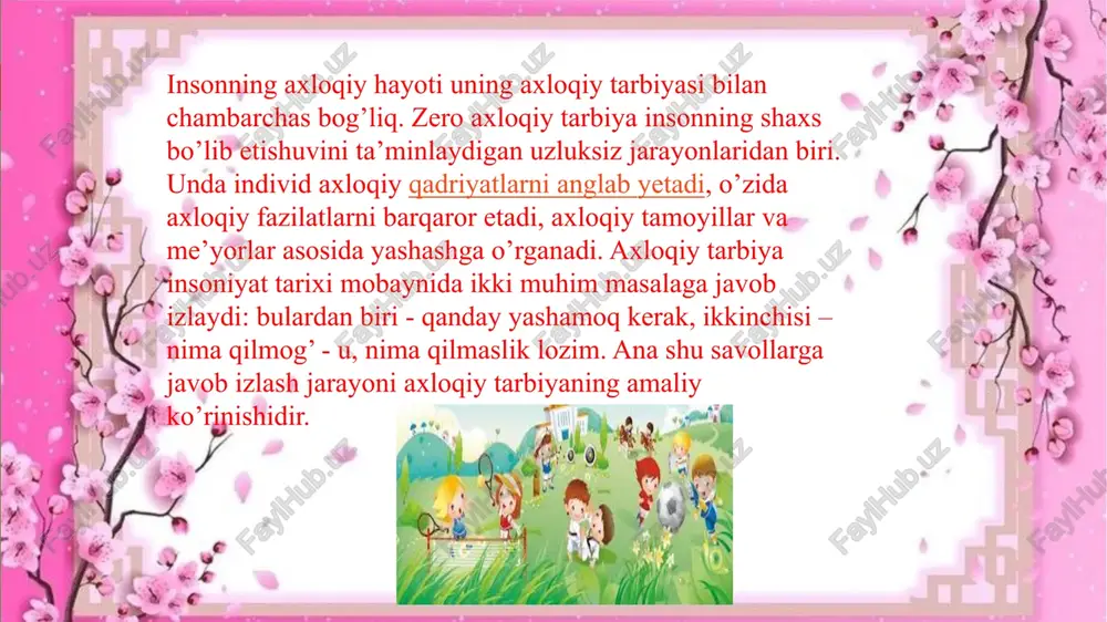 asdan, kunduzlari ro’za tutub ibodat qilgan kishilar darajasiga yetar», – demishlar. gulxaniy.”turkiy guliston yohud axloq”kitobi so’ylasang so’yla yaxshi so’zlardan, yo’qsa jim turmoqing erur yaxshi. o’ylasang yaxshi fikrlar o’yla, yo’qsa gung bo’lmoqing erur yaxshi. ishlasang ishla yaxshi ishlarni, yo’qsa bekorlig’ing erur yaxshi. axloq tarbiyasi axloq tarbiyasi: insonlarga eng muhim, ziyoda sharaf, baland daraja berguvchi axloq tarbiyasidur. biz avvalgi darsda tarbiya ila dars orasida farq bor, deduk, chunki dars oluvchi-biluvchi, tarbiya oluvchi-amal qiluvchi demakdur. shuning uchun tarbiya qiluvchi muallimlarning o’zlari ilmlariga omil bo’lub shogirdlarga ham bergan darslarini amal ila chaqushturub o’rgatmaklari lozimdur. bu ravishi ta’lim ila berilgan dars va ma’lumot shogirdlarning diliga tez ta’sir qilub, mulloyi boamal bo’lurlar. rasuli akram nabiyyi muhtaram sallollohu alayhi vasallam afandimiz: «eng yomon kishilar ilmiga amal qilmaydurgan kishilar», – demishlar. agar tarbiya qiluvchi muallim o’zi olim bo’lub amalsiz bo’lsa, buning ham shogirdlarning axloqiga zo’r ta’siri bo’ladur. «domlaning o’zi falon joyda falon ishni qildi. ammo bizlarga qilmanglar, haromdur, …