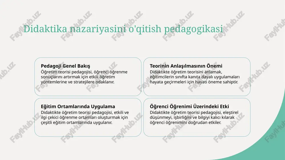 k qilish va effektiv tarzda kommunikatsiya o'rnatish imkoniyatlarini yaratish, jamoa ishlash ko'nikmalarini va ijtimoiy ma'rifatni rivojlantiradi. pedagogikada aloqalar va baholashning ahamiyati qayta aloqalar va baholash samarali pedagogikaning integral qismlari. ular talabalar o'sishiga oid tushunchalarni taqdim etadi, dars ishlarini rejalashtirishda yordam beradi va doimiy o'rganishni rag'batlantiradi. tuzuktilgan qayta aloqalar va fikrli baholash strategiyalari talabaning o'sish va rivojlanishini rivojlantirishda muhimdir. photo by tyler nix on unsplash yaxshi o'qitishning nazariyalari uchun texnologiyani integratsiya qilish 1 texnologiyalarni integratsiyasining ahamiyati texnologiyalar o'qitish nazariyalari ichidagi integratsiya talabalar bilan ishtirokni kuchaytiradi va faol o'rganishni rag'batlantiradi. 2 o'rganish natijalarini kuchaytirish texnologiyalarni o'qitish nazariyalari ichiga integratsiya o'rganish natijalarini yaxshilaydi va tahlil qilish ko'nikmalarini rivojlantiradi. 3 murakkab o'rganish usullariga qarshi kurish texnologiyalar integratsiyasi murakkab o'rganish usullariga qarshi kurishga imkon beradi, shuningdek, ta'limni kengaytirib, qo'llanishni osonlashtiradi. didaktikada faol o'qish strategiyalari 1 2 3 faol o'qishning ahamiyati faol o'qishni amalga oshirish didaktikada faol o'qishning foydalari faol o'qish talabalarni o'qish jarayoniga jalb qiladi, …