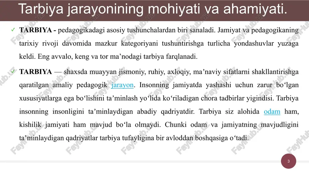 qilishdir... adab saqlash - muhabbat samarasi, yana muhabbat daraxtining urug’i hamdir. agar adabdan ozgina nuqsongga yo’l qo‘ysangiz ham, nimaiki qilsang, beadablik ko‘rinadi. odam o‘zining bir xil sifat va ko‘rinishida olib yurishi lozimki, toki odamlarda unga tasarruf (ta’sir qilish) ta’masi paydo bo’lmasin”. 8 9 tarbiya jarayonining mohiyati va ahamiyati. abu nasr forobiy birinchi bo‘lib ta’lim va tarbiyaga ta’rif bergan olimdir. ta’lim — so‘z va o‘rganish bilangina amalga oshiriladi. tarbiya - esa amaliyot, ish-tajriba bilan, ya’ni shu yo’ l orqali amalga oshiriladi, deydi. abu nasr forobiyning fikricha, har bir shaxs munosib odam bo‘lishi uchun unga ta’lim va tarbiya zarurdir. u ta’lim orqali nazariy kamolatga erishadi. tarbiya orqali esa kishilar bilan muloqatni, axloqiy qadr qimmatni va amaliy faoliyatni o‘rganadi. farobiy bolalaring fe’l - atvoriga qarab tarbiya jarayonida “ qattiq yoki “yumshoq” usullardan foydaianish kerak deb hisoblaydi: 1.tarbiyalanuvchilar o‘qish - o‘rganishga moyil bo ‘lsa, ta’lim- tarbiya jarayonida yumshoq usul qo‘llanadi. 2.tarbiyalanuvchilar o'zboshimcha, itoatiz bo …