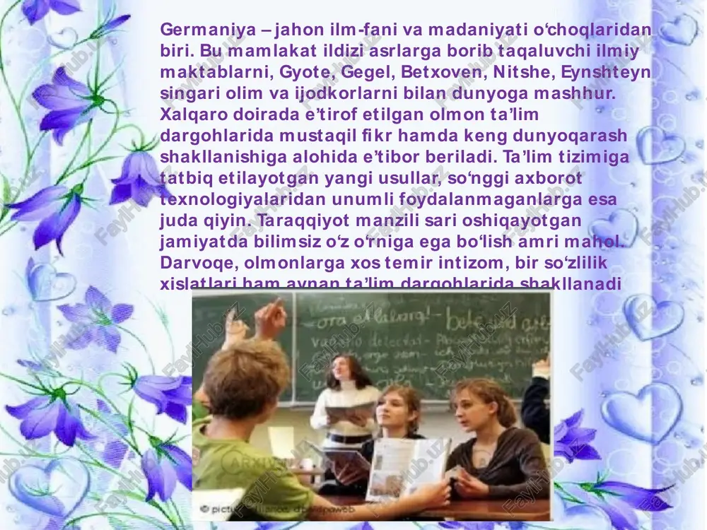 iradi real maktab. bu turdagi maktablarda matematika va tabiiy fanlarga moyil, kelajakda oliy maʼlumotli mutaxassis bo‘lishni niyat qilgan bolalar o‘qiydi. o‘qish 5-sinfdan 10- sinfgacha. mazkur muddat mobaynida yoshlarga turli fan sohalari bo‘yicha kengaytirilgan bilim beriladi. real maktabni tugatgan o‘smirlar o‘qishni gimnaziyada davom ettiradi gimnaziyayu. o‘quvchilar o‘rta taʼlimning eng muhim bo‘g‘ini bo‘lgan ushbu bilim maskanida to‘qqiz yil – 5-sinfdan 13-sinfgacha taʼlim oladi. real maktabning 10-sinfini tamomlagan yoshlar esa gimnaziyada uch yil o‘qiydi. mazkur taʼlim dargohida gumanitar, tabiiy fanlar va xorijiy tillar chuqur o‘rgatiladi. o‘quvchilar o‘n birinchi sinfdan tanlagan yo‘nalishidan kelib chiqib, asosiy vaqtini bir necha fanni chuqur o‘rganishga sarflaydi. gimnaziya – oliy taʼlimga tayyorgarlikning hal qiluvchi bosqichi. negaki, gimnaziyani tugatganlik to‘g‘risidagi imtiyozli shahodatnoma universitetga imtihonsiz kirish huquqini beradi. ammo imtiyozli shahodatnomani olish oson emas. o‘quvchiga ushbu hujjatni berishda uning o‘n uch yil davomidagi natijalari hamda to‘rtta fan bo‘yicha yakuniy imtihon baholari inobatga olinadi. olmon zaminida oliy o‘quv yurtiga kirish uchun o‘n …