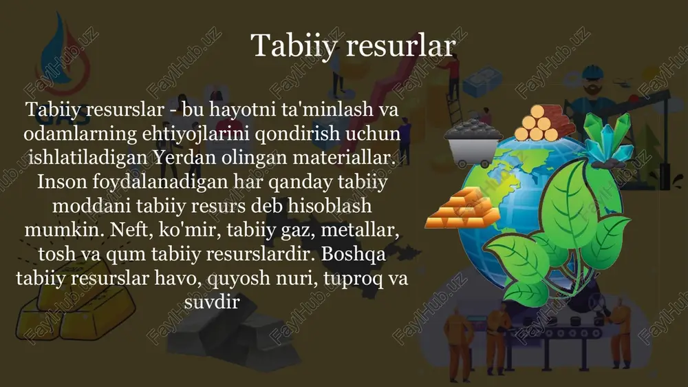 , metallar, tosh va qum tabiiy resurslardir. boshqa tabiiy resurslar havo, quyosh nuri, tuproq va suvdir «kapital» ham qiymatga, ham naflilikka ega bo‘lgan, ma’lum foyda olish maqsadida ishlab chiqarish va xizmat ko‘rsatish jarayonida foydalaniladigan, yollanma ishchi kuchi tomonidan harakatga keltiriladigan vositalardir. yollanma mehnat tomonidan harakatga keltirilib foyda olish maqsadida ishlatiladigan binolar, mashinalar, asbob-uskunalar, inshootlar, qurilmalar, hom-ashyo va materiallar, sotishga tayyor tovarlar, pul mablag‘lari va boshqalar); moddiy resurslar(iqtisodiy resurslar) tabiiy resurlar ishchi kuchi resurslari kapital tadbirkorlik qobiliyati tabiiy resurslar - bu hayotni ta'minlash va odamlarning ehtiyojlarini qondirish uchun ishlatiladigan yerdan olingan materiallar. inson foydalanadigan har qanday tabiiy moddani tabiiy resurs deb hisoblash mumkin. neft, ko'mir, tabiiy gaz, metallar, tosh va qum tabiiy resurslardir. boshqa tabiiy resurslar havo, quyosh nuri, tuproq va suvdir moddiy resurslar(iqtisodiy resurslar) tabiiy resurlar ishchi kuchi resurslari kapital tadbirkorlik qobiliyati tabiiy resurslar - bu hayotni ta'minlash va odamlarning ehtiyojlarini qondirish uchun ishlatiladigan yerdan olingan materiallar. inson foydalanadigan har …