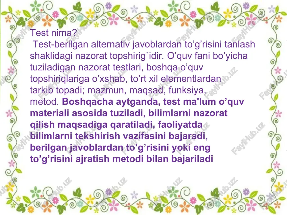 bilimini xolisona baholash usuli bo’yicha o’qituvchilar majburiy suratda tayyorgarlikdan o’tishlari ko’zda tutiladi: busiz 1992yildan boshlab fransiyada o’qituvchilik qilishga ruxsat etilmaydi. shunisi qiziqki, fransiya to’qson yillik test an`analariga ega bo’lgan davlatdir. o’tgan asrning 70-yillari oxirida peterburgdagi karnegi-melon universitetining bir guruh sotsial-psixologlari aqshda test o’tkazishning zamonaviy ahvolini o’rganishga bag’ishlangan maxsus tadqiqot olib bordilar. aslida, tadqiqotchilarning maqsadi o’quv yurtlaridagi testlarni keng miqyosda qo’llash sabablarini aniqlash edi. bu tadqiqot natijasida quyidagilar aniqlandi: test sinovi amerika hayotida chuqur ildiz otgan, hech kim amerika maktablarida turli xildagi standartlashtirilgan test bo’yicha sinovdan o’tmasdan, boshqacha yo’l bilan bilim olishni davom ettira olmaydi, ishga joylashish, keyinchalik esa yuqori lavozimga ko’tarilish yoki malaka oshirish test bilan chambarchas bog’lanib ketganligi alohida qayd qilindi. . test turlari va test topshiriqlari shakllari agar testlarni turkumlashda ularning qo’llash maqsadi va vazifalariga asoslanadigan bo’lsak, psixologik testlardan boshqa barcha testlarni quyidagi uch guruhga ajratish mumkin: · intellektual rivojlanish darajasini aniqlovchi testlar; · pedagogik testlar; · muayyan …