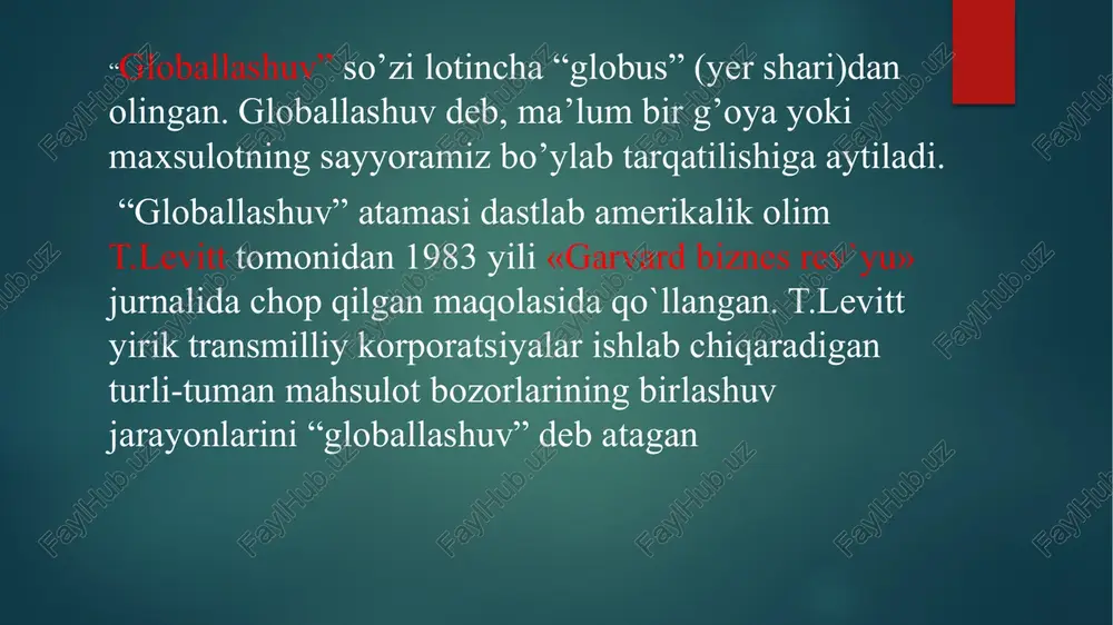 kundalik hayoti ko‘rsatkichlariga qadar uzil-kesil «qisqartirgan» havo kemalarida qit’alararo qo‘nmay, to‘g‘ri uchib o‘tishlar globallashuvning asosiy belgilariga aylandi. birinchi va ikkinchi jahon urushlari oralig‘idagi davrda globallashuv jarayonlari yanada bo‘rtibroq namoyon bo‘ldi. bu davrda 1991 yilda internet paydo bo‘lganidan so‘ng dunyo informatsion jihatdan ham uzil-kesil tutashdi. kompyuter inqilobi va internet tarmog‘ining rivojlanishi chegaralardan boshqa hamma narsa mavjud bo‘lgan yangi axborot maydonini vujudga keltirdi. serqirra globallashuv siyosatning ham sezilarli darajada o‘zgarishiga olib keldi. 1990-yillargacha «sovuq urush» holatida bo‘lgan ikki harbiy-siyosiy blokning qattiq qarama-qarshiligi bilan tavsiflangan ikki qutblilik xalqaro munosabatlarning asosiy xususiyati sanalgan bo‘lsa, sotsialistik tizim parchalanishi bilan vaziyat butunlay o‘zgardi. «hozirgi davrning global muammolari» tushunchasi 1960-yillar oxiri – 1970-yillarning boshlarida keng tarqaldi va shundan beri ilmiy va siyosiy muomala(leksikon) hamda ommaviy ongdan mustahkam o‘rin oldi. aksariyat hollarda u global sanalmagan voqealar va hodisalarga nisbatan qo‘llaniladigan atama sifatida ishlatiladi. bunday holga milliy va umumbashariy ahamiyatga molik voqealar tenglashtirilganida, masalan, muayyan bir mamlakatning ijtimoiy muammolarini …