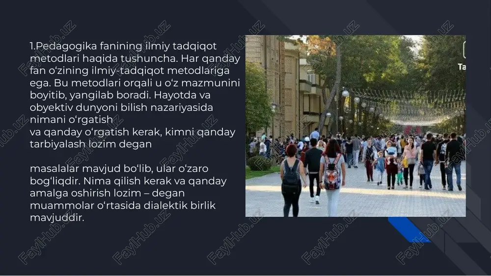 etod) yordamida amalga oshiriladi.buni quyidagi misol bilan isbotlash mumkin. shaxsni umumiy maqsadli rivojlantirish, shaxsni har tomonlama rivojlantirish bilan o‘zaro aloqadorlikda amalga oshadi. a.s.makarenko ta‘kidlaganidek, odam organizmi alohida-alohida holda rivojlanmaydi, balki barchalari o‘zaro uzviy bog‘liqlikda bir vaqtda rivojlanadi degan xulosaga kelgan.