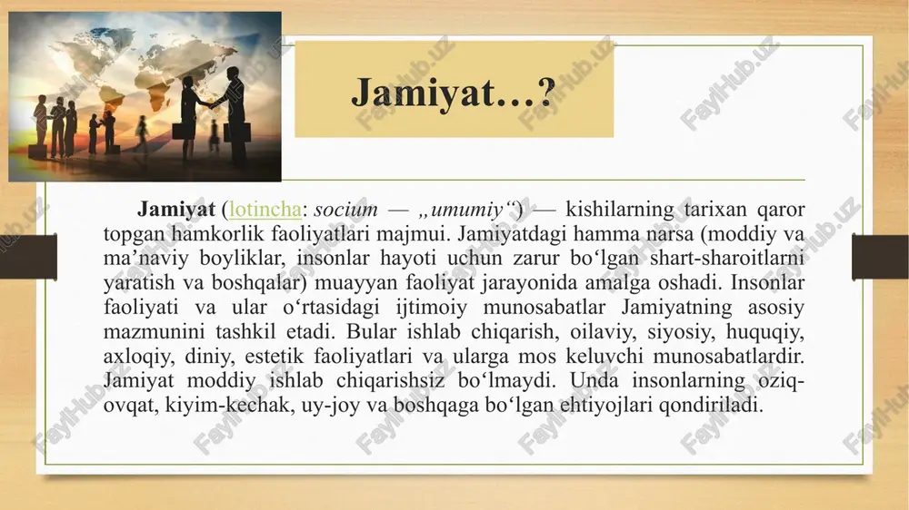 , tarqatadi va jamiyatning turli qatlamlari tomonidan oʻzlashtiriladi. bu sohaga adabiyot, sanʼat, musiqa asarlari bilan bir qatorda kishilarning bilim saviyasi, fan, axloqiy meʼyor va umuman olganda, jamiyat hayotining maʼnaviy mazmunini tashkil qiluvchi narsalar kiradi. jamiyat qonunlarining amal qilishi odamlar va ular uyushmalarining ongli faoliyati bilan bog’lanib ketadi. jamiyat qonunlarini ham eng umumiy, umumiy va xususiy (juz’iy) qonunlar tipologiyasiga ajratish mumkin. falsafa qonunlar va kategoriyalarida o’z ifodasini topgan o’zaro aloqadorliklar, bog’lanishlar ijtimoiy hayotda ham namoyon bo’ladi. binobarin, bu eng umumiy qonunlar, kategoriyalar, tamoyillarni bilish jamiyatni ilmiy boshqarish imkoniyatini tug’diradi. insoniyat tarixiy takomilida, sosial, elatlar, millatlar hayotida o’xshash shart-sharoitlarda birdek amal qiladigan qonunlarni umumiy qonunlar deb atash mumkin. masalan, moddiy ishlab chiqarish bilan ma’naviy boyliklar yaratish o’rtasidagi mutanosiblik qonuni bozor munosabatlarining ikki tomoni o’rtasidagi yoki ehtiyojlar bilan manfaatlar o’rtasidagi munosabatlarni anglatadi. muayyan jamiyat taraqqiyoti va tanazzulining aniq bir bosqichlari, holati to’g’risida aniq tasavvurga ega bo’lish uchun xususiy (juz’iy) ijtimoiy qonunlarni ham anglab …