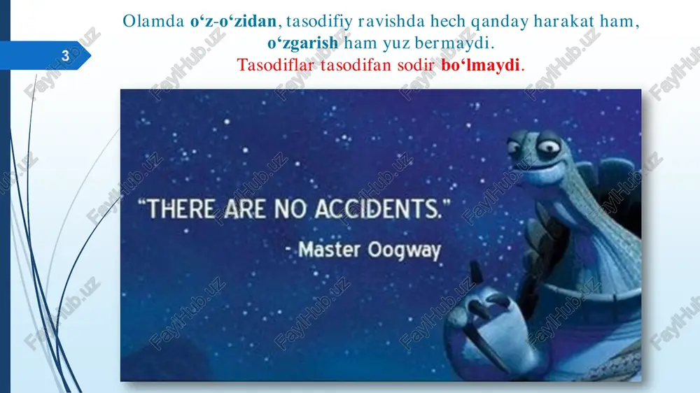 nishdadir. dialektikaning «rivojlanish haqidagi ta‘limot» ekanligini nemis klassik faylasufi gegel asoslab berdi, shuningdek u dialektikaning barcha kategoriya va qonunlariga ta’rif berdi. 10 qonunlarning turlari fizika qonunlari kimyo qonunlari tabiat qonunlari iqtisodiyot qonunlari yuridik qonunlar hayot qonunlari 11 qonun olamdagi narsa va hodisalarning muhim, zaruriy, umumiy va takrorlanib turuvchi bog‗lanishlari, o‗zaro aloqalari va munosabatlarining namoyon bo‗lishidir. 12 qonunning belgilari - qonun turli-tuman aloqadorliklar, bog‗lanishlardan faqat muhimlarini, ya‘ni shunday bog‗lanishlarni ifodalaydiki, bular olamning mavjudligi, o‗zgarishlari va undagi narsa hamda hodisalarning mohiyatidan kelib chiqqan bo‗ladi; - qonun zaruriy bog‗lanishlarni ifodalaydi, ya‘ni tasodifiy bog‗lanishlar, goh paydo bo‗lib, goh yo‗qolib ketadigan bog‗lanishlarga asoslanmaydi. - qonun narsa va hodisalarning umumiy bog‗lanishlarini ifodalaydi. 13 qonun harakat doirasiga ko’ra 3 turga bo’linadi: eng umumiy qonunlar umumiy qonunlar xususiy qonunlar 14 dialektik qonunlar eng umumiy qonunlar doirasiga mansubdir. chunki dialektik qonunlar inson ongi va tafakkurida mavjuddir va u turli-tuman aloqadorlikni, zaruriy bog‘lanishlarni va umumiy bog‘lanishlarni ifodalaydi. 15 1.qarama- qarshiliklar …