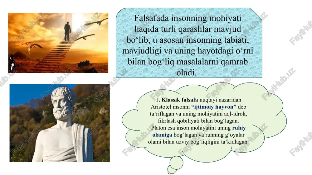 nfutsiychilik bilan yonma-yon mavjud bo‘lgan daosizm (dao – yo‘l demakdir) falsafiy maktabi vakillari ham inson muammosini jiddiy tadqiq qilganlar. bu maktab vakillari ta’limotiga ko‘ra inson o‘zining xayotida dao - butun olamning o‘z-o‘zidan kelib chiqishi, rivojlanishi va barham topishining doimiy tabiiy qonunlariga amal qilib yashash kerak. ya’ni, uning barcha xatti-harakatlari olam qonunlari va insoniy tabiatga mos bo‘lmogi lozim. 13 odam… odam yoki inson, shuningdek homo sapiens (lot. ongli odam) ham deyiladi, odamlar abstrakt fikrlash, nutq, introspeksiya qobiliyatli yuksak rivojlangan miyaga egadirlar. bunday miya bilan odamlar mehnat qurollari ishlatishni oʻrganib, boshqa tur hayvonlardan ilgʻorlashib ketdilar. odam ijtimoiy mehnat asosida shakllangan tafakkur va nutqqa ega boʻlishi, mehnat qurollari yasashi va atrof muhitga faol taʼsir koʻrsata olishi bilan boshqa tirik mavjudotlardan farq qiladi. 1. biologik nuqtayi nazaridan odam – homo sapiens turiga mansub murakkab organizm bo‘lib, boshqa jonivorlardan yuqori tafakkur, til, madaniyat yaratish qobiliyati bilan ajralib turadi. uning tanasi evolyutsiya natijasida shakllangan, ong va …